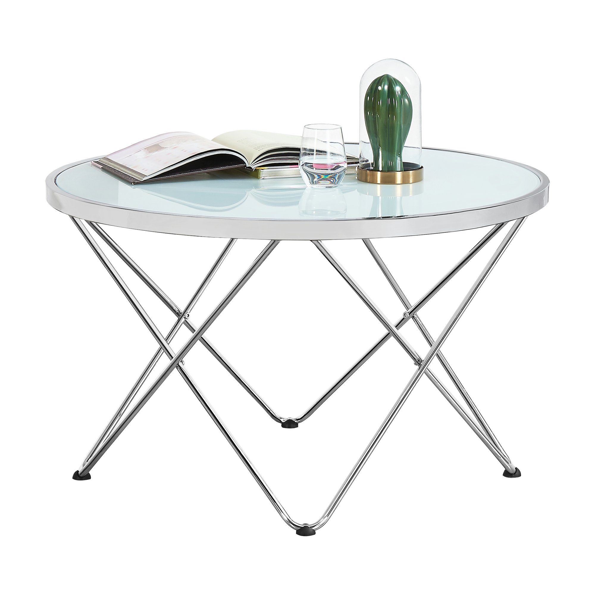 en.casa Couchtisch, Nikkeby Beistelltisch 80x50cm rund Metall Glas Milchglasoptik