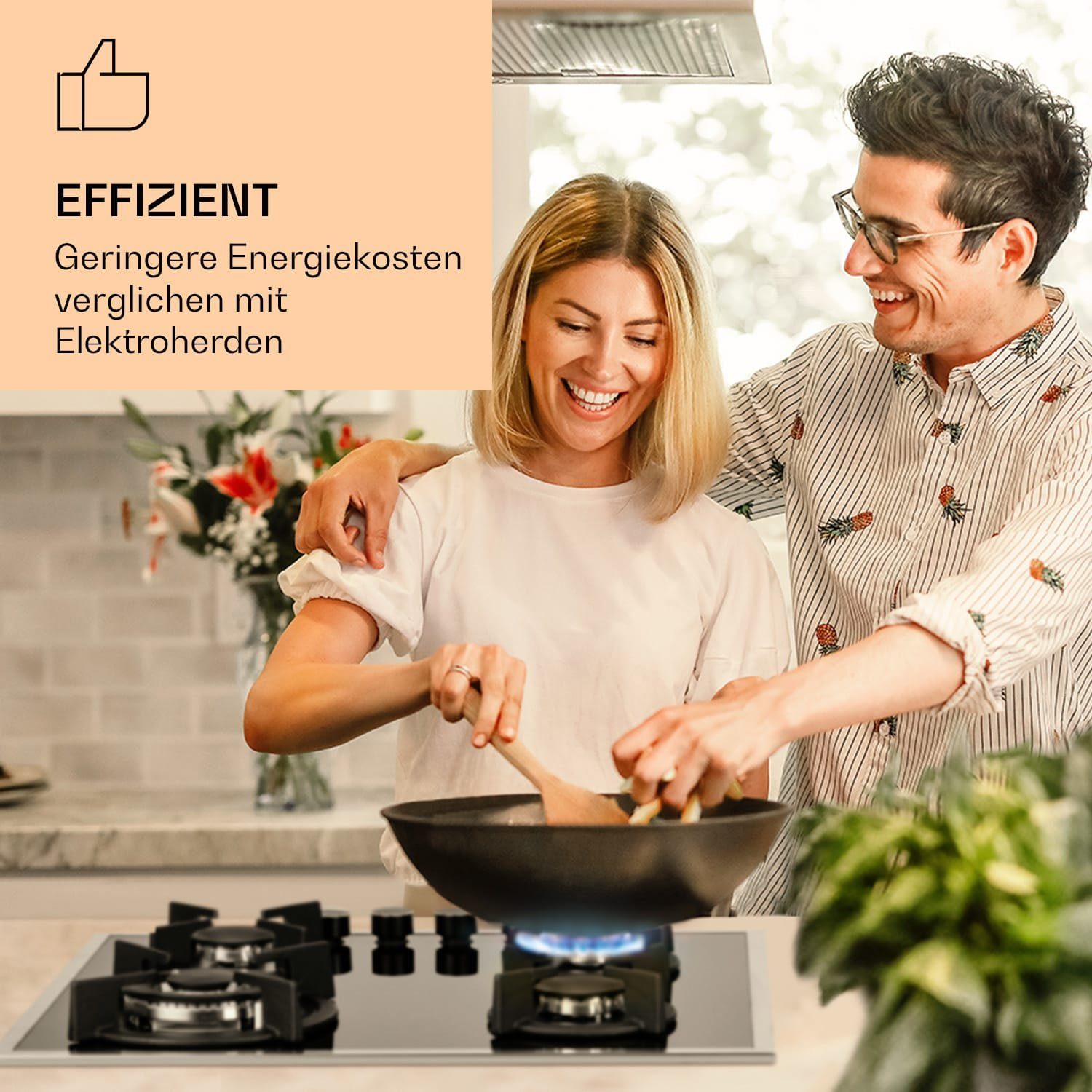 Klarstein Gas-Kochfeld Goldflame Domino 4 Prime Gaskochfeld 4-flammig Messing-Brenner Glaskeramik CP11-Goldflame-4-Pri, Einbau Gas Kochfeld 4 Platten Herdplatte Kochplatte Einbaukochfeld