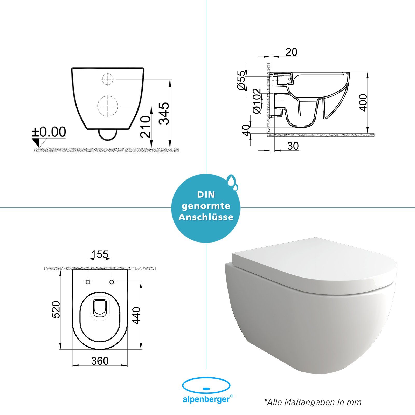 Alpenberger Tiefspül-WC - Toilette mit WC-Sitz Soft-Close - Wand WC Spülrandlos, Wandmontage, Abgang Waagerecht, 2-tlg. Komplett Set, Hänge WC Set mit Nano Beschichtung - Made in EU - Passend zu Geberit