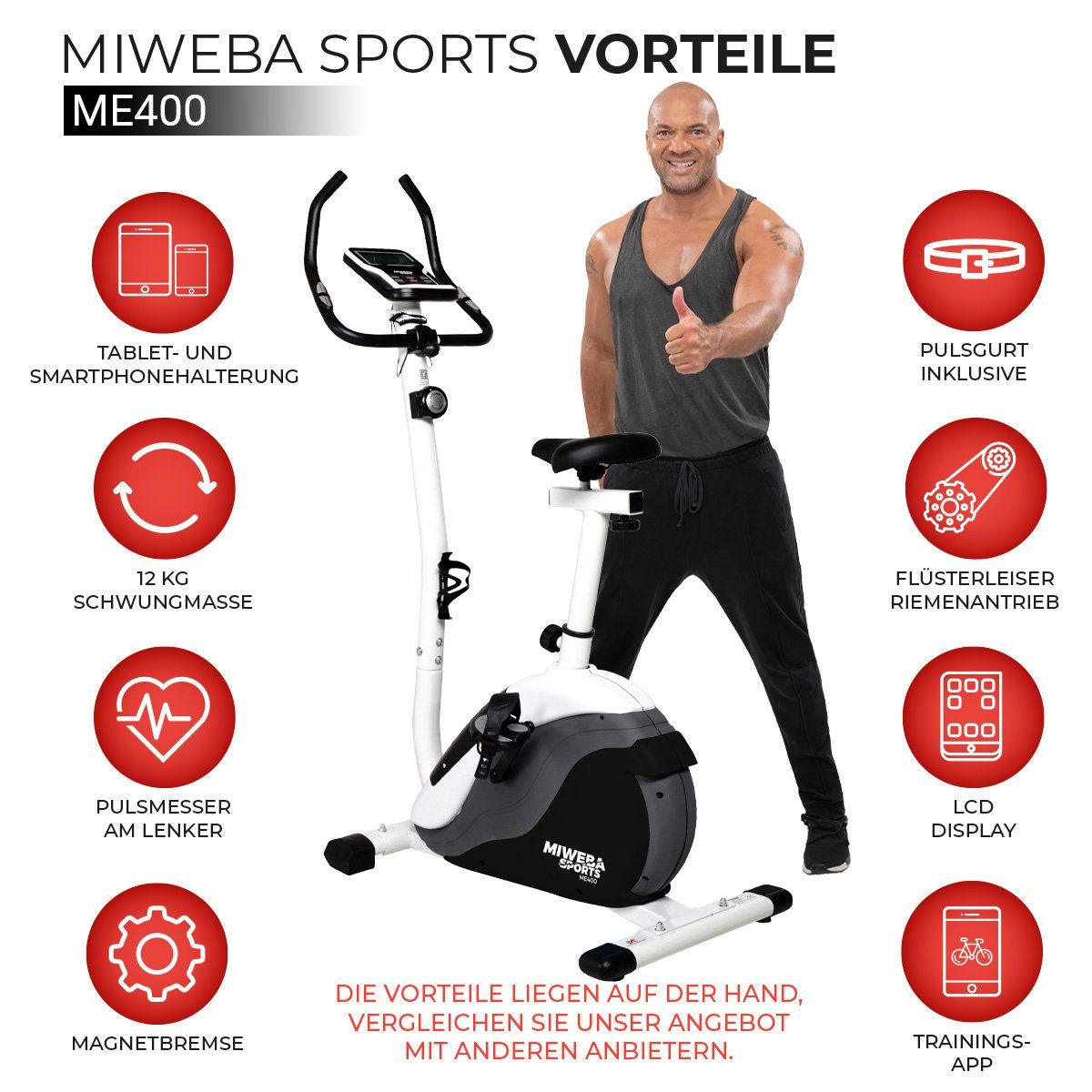 Miweba Sports Heimtrainer Profi Indoor Cycle ME400 inkl. Pulsgurt - 12 kg Schwungmasse (8 Intensitätsstufen, 150 Kg max. Belastbarkeit, Cardio, Trimmrad, Fitnessbike, Indoor Cycling, Fahrradtrainer, Trainingsgerät, 2-tlg., Fitshow App, Tablet- und Sm