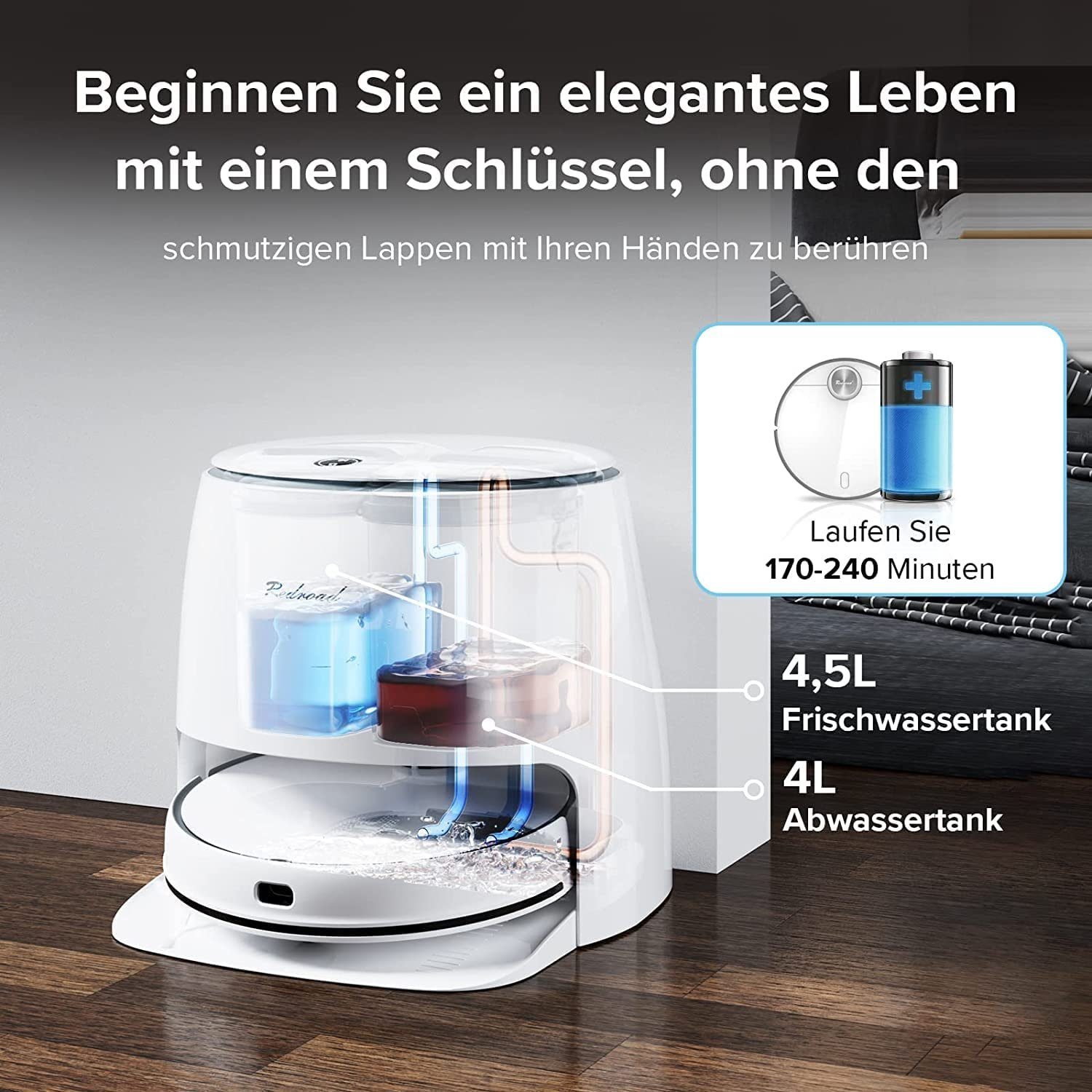 redroad Saugroboter G10, 2800 W, Reinigung mit elektrolysiertem Wasser, 4,5L Wassertank,4LAbwassertank