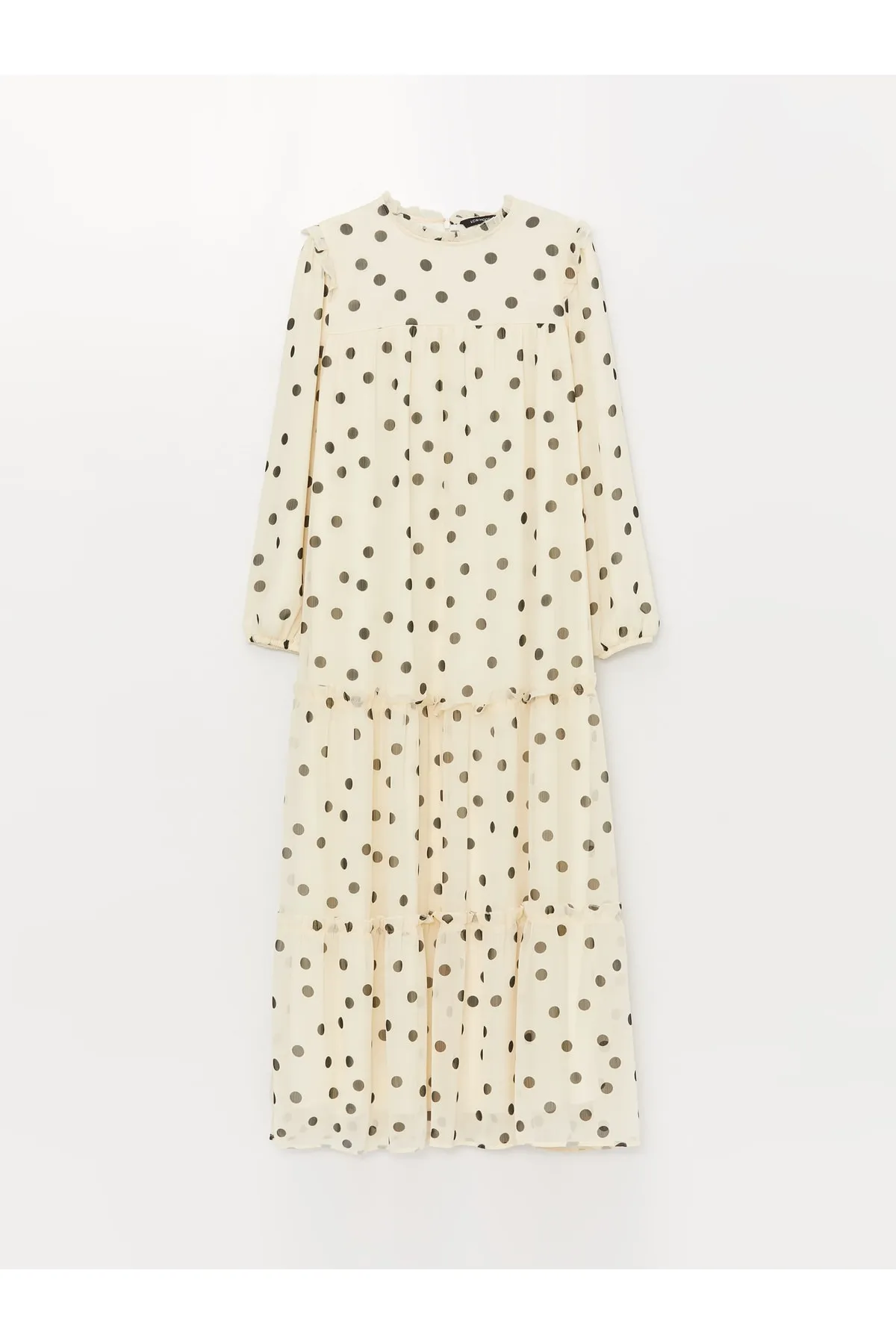 LC Waikiki  Gerüschtes, langärmeliges Chiffon-Damenkleid mit hohem Kragen und Punkten