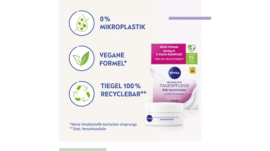 NIVEA Reichhaltige Tagespflege 24h Feuchtigkeit Trockene Haut LSF 30 50 ml