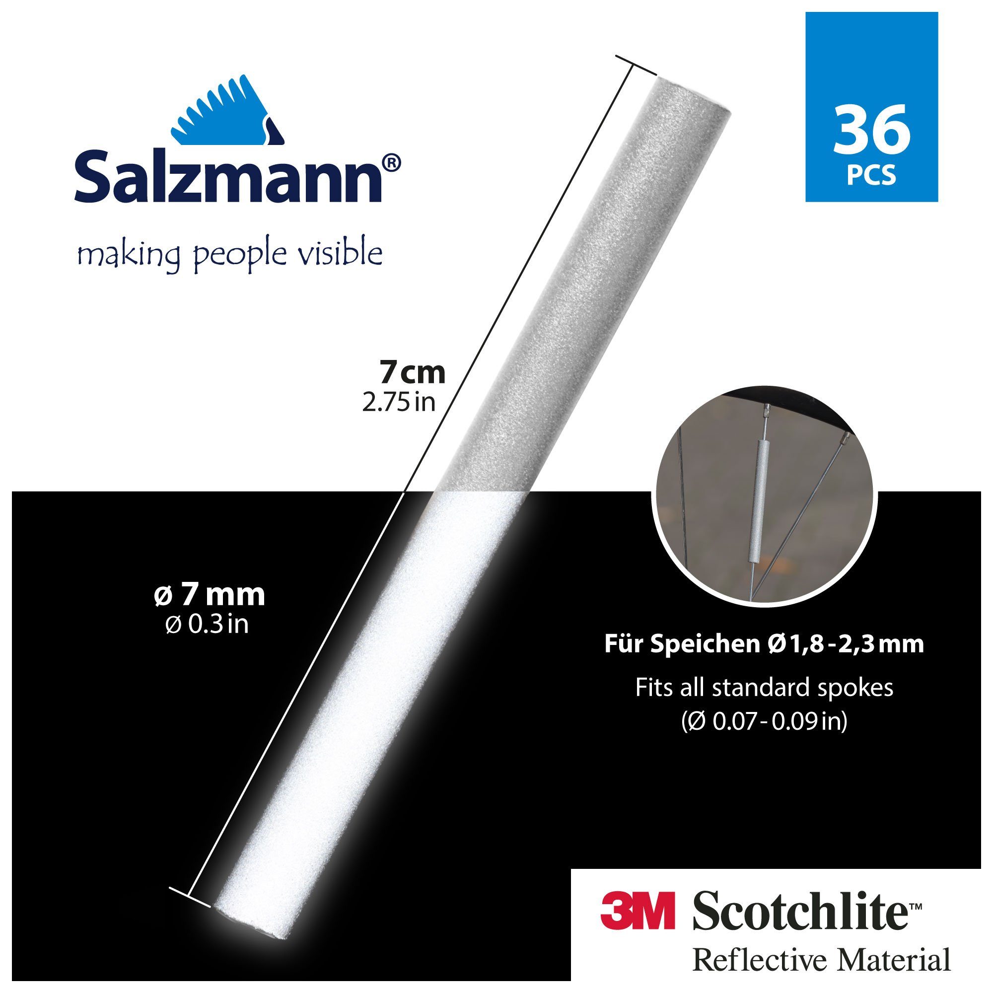 Salzmann Fahrradreflektor 3M Scotchlite Speichenreflektoren für Fahrradspeichen, (36 St)
