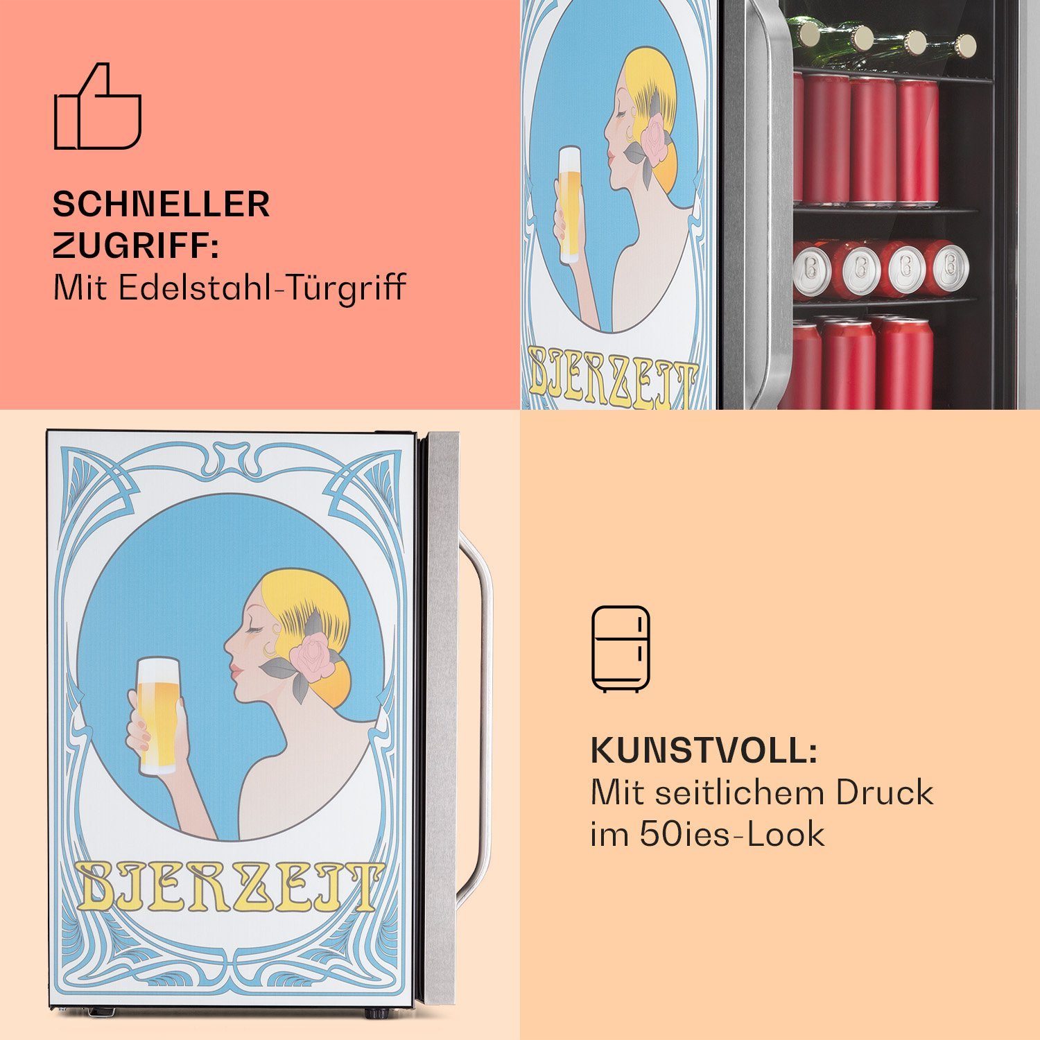 Klarstein Getränkekühlschrank HEA13-Beerzeit-SS 10041175, 67 cm hoch, 43 cm breit, Bierkühlschrank Getränkekühlschrank Flaschenkühlschrank mit Glastür