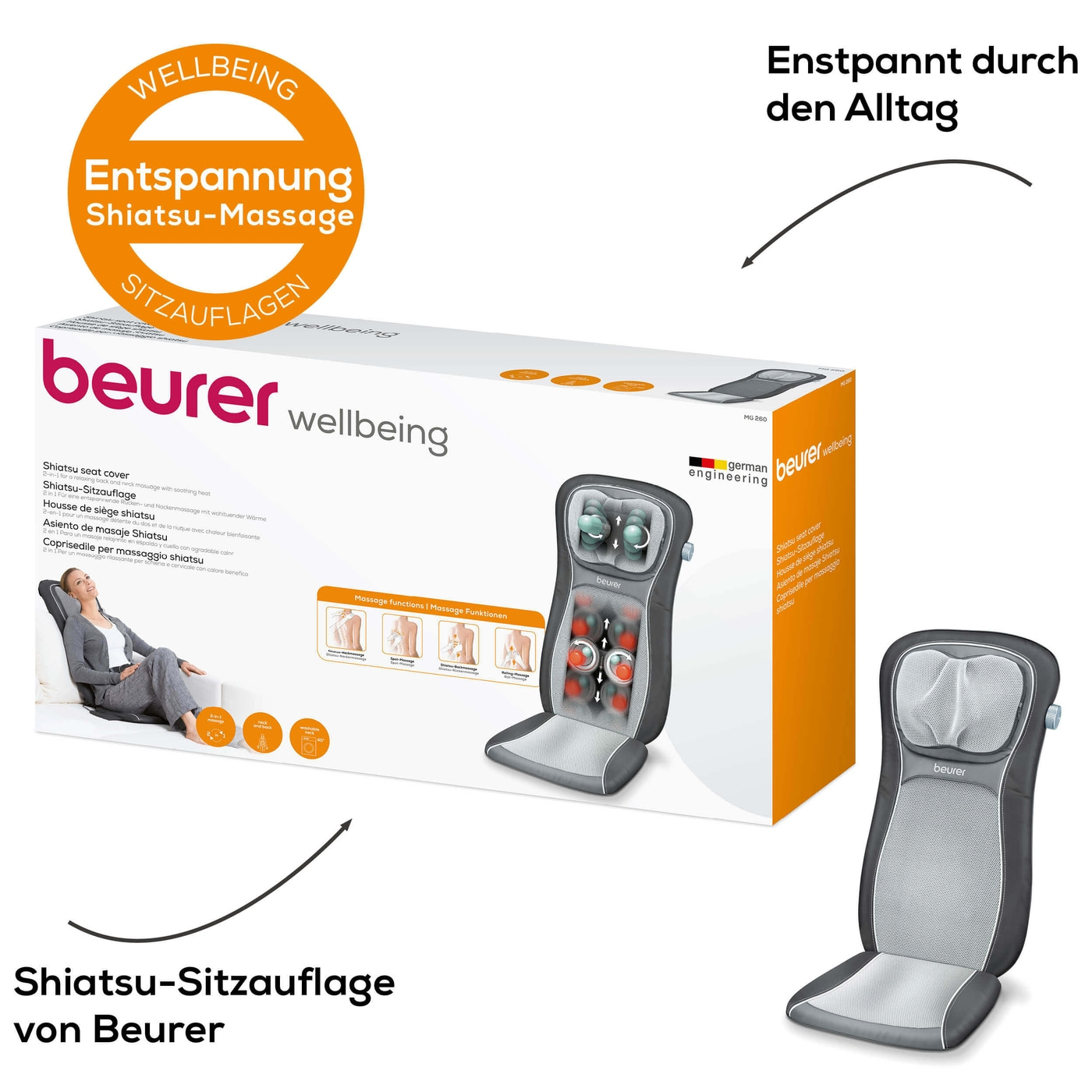Beurer Shiatsu-Sitzauflage MG 260 HD-2-in-1-Sitzauflage Massagegrät für punktuelle Massage, Roll-, Nacken- & Rückenmassage