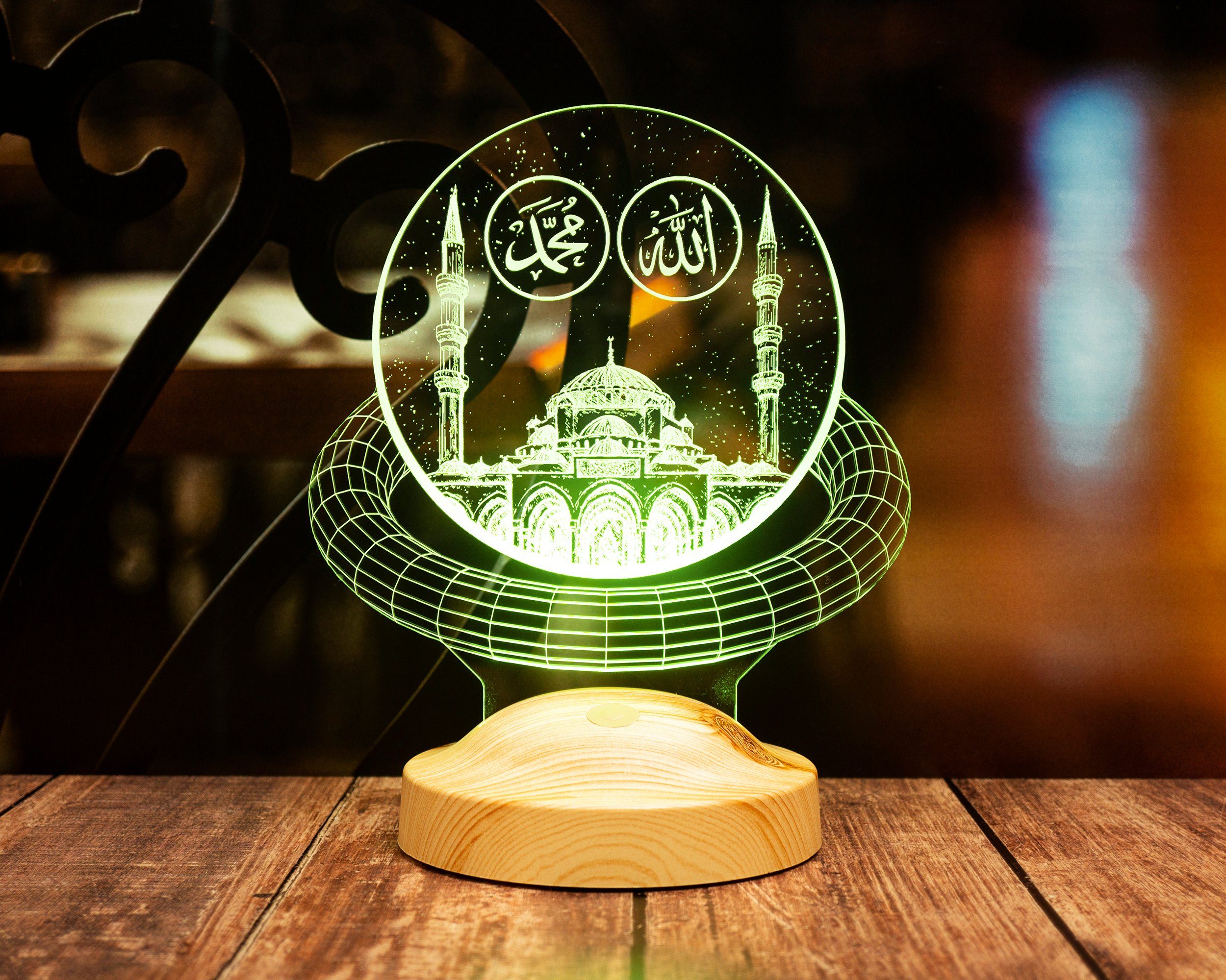 Geschenkelampe LED Nachttischlampe Moschee Nachtlicht Islamistische Deko Geschenk für Muslimischen Freund, Leuchte 7 Farben fest integriert, Allah Islamisches Kalligraphie, Eid-Dekoration