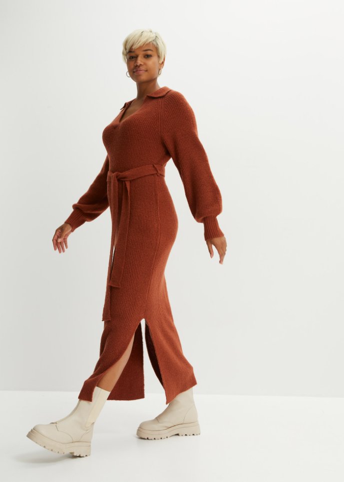 Strickkleid mit V-Ausschnitt und Gürtel (2-tlg. Set)