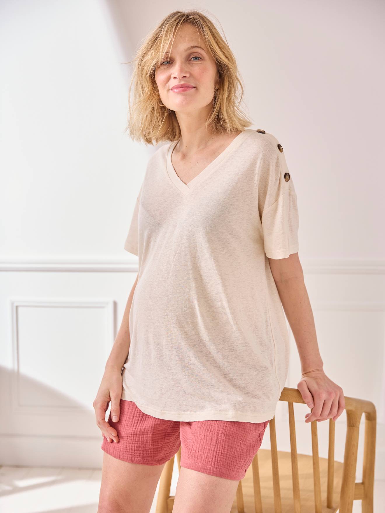 Vertbaudet Umstands-Shirt mit V-Ausschnitt, Leinen/Viskose - wollweiß