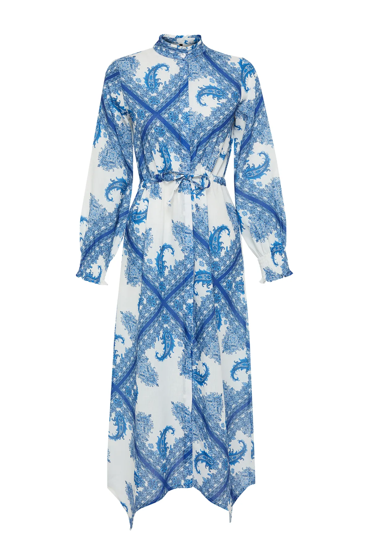 Trendyol Modest  Blauer asymmetrischer Rock mit Schalmuster, detailliertes, gebundenes Webkleid TCTSS24EB00101