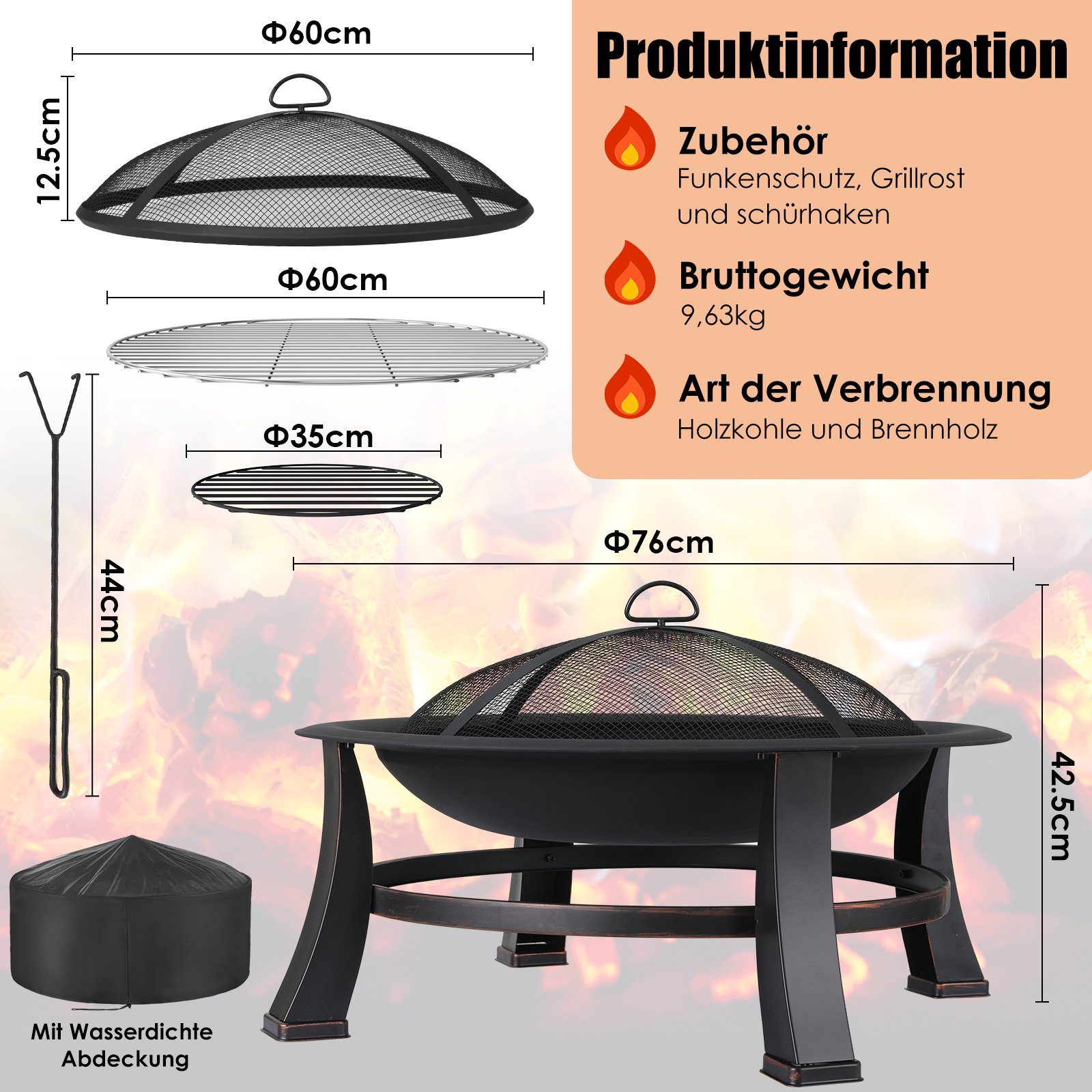 TLGREEN Feuerschale, Φ76cm Feuerkorb mit grillrost, Feuerschalen für den garten, BBQ grill