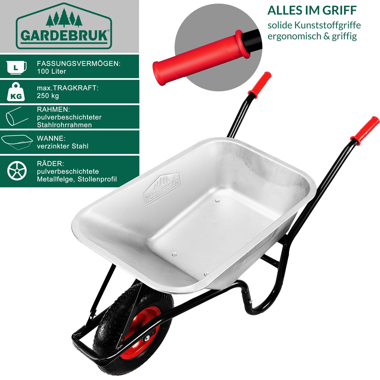 Gardebruk Schubkarre, 100 Liter bis 250kg Luftreifen mit Stahlfelge verzinkt Garten
