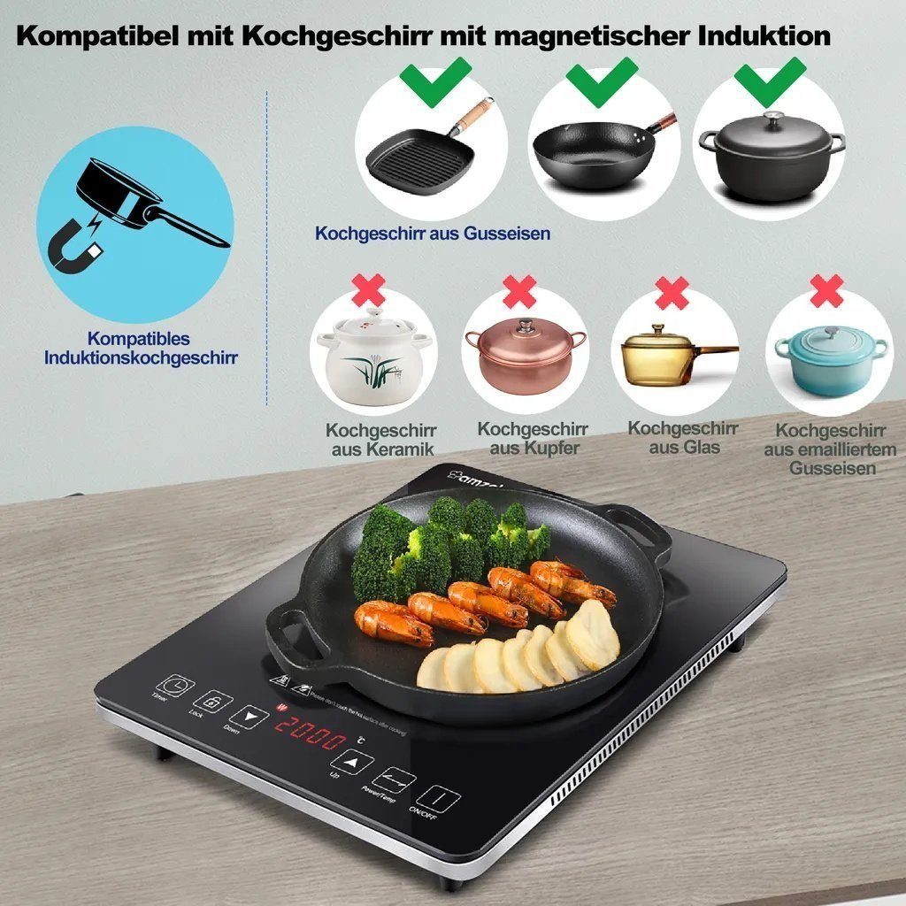 Ulife Einzel-Induktionskochplatte AMZCHEF 2000W, 10 Leistungsstufen, 28×35×4.45cm