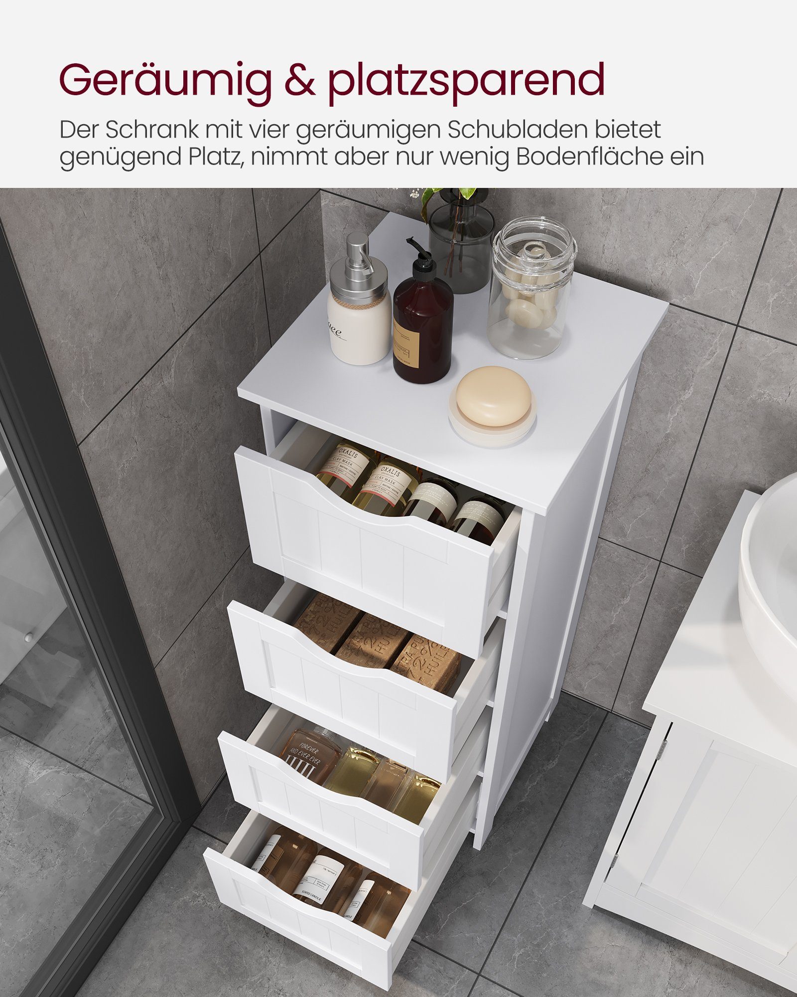 VASAGLE Badkommode Badezimmerschrank, mit 4 Schubladen, 30 x 30 x 82 cm
