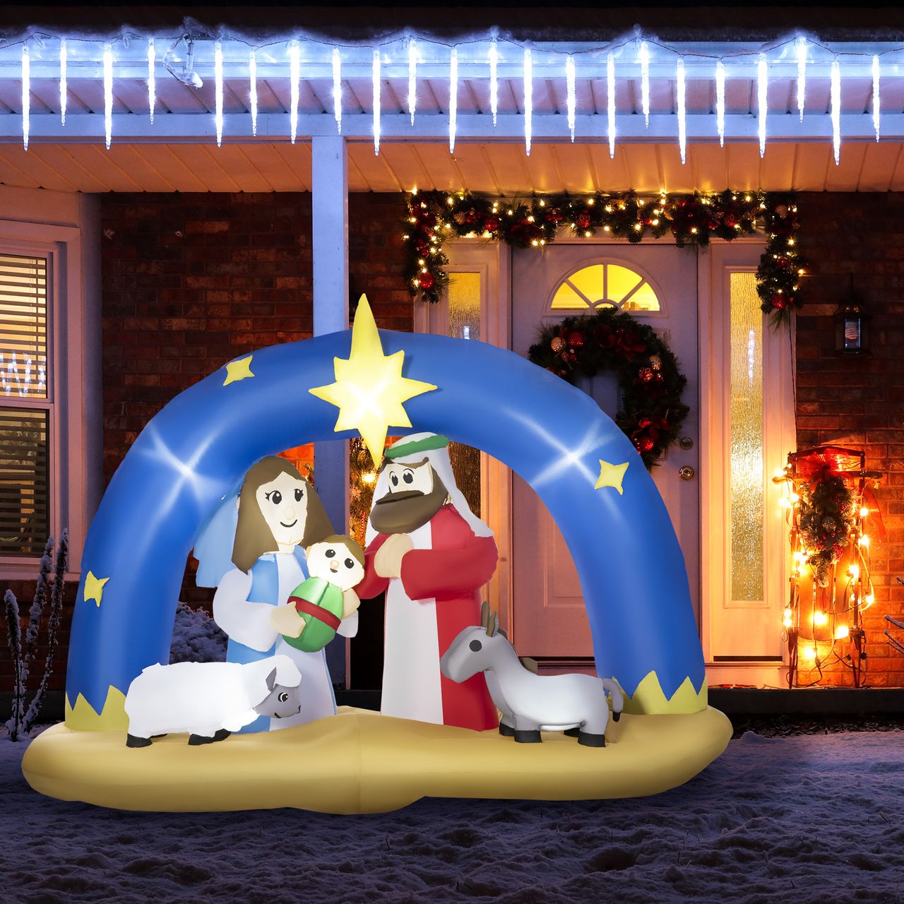 HOMCOM Aufblasbarer Weihnachtsbogen Bibel-Bogen von Jesus' Geburt 1,57 m Weihnachtsdeko mit LED Weihnachtskrippe mit Torbogen wasserdicht Polyester Blau Braun 206 x 95 x 157 cm