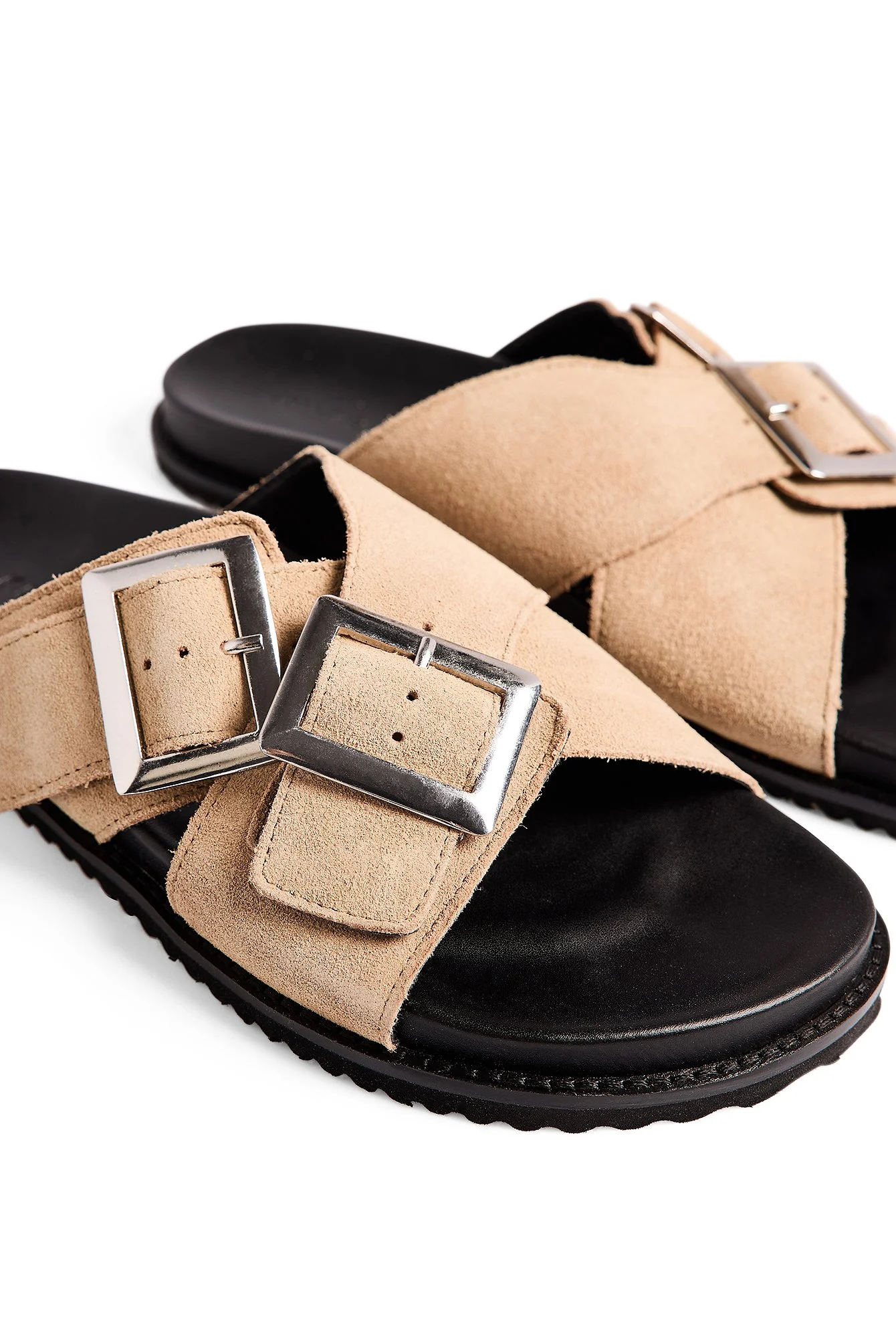 Double Buckle Leather Slippers