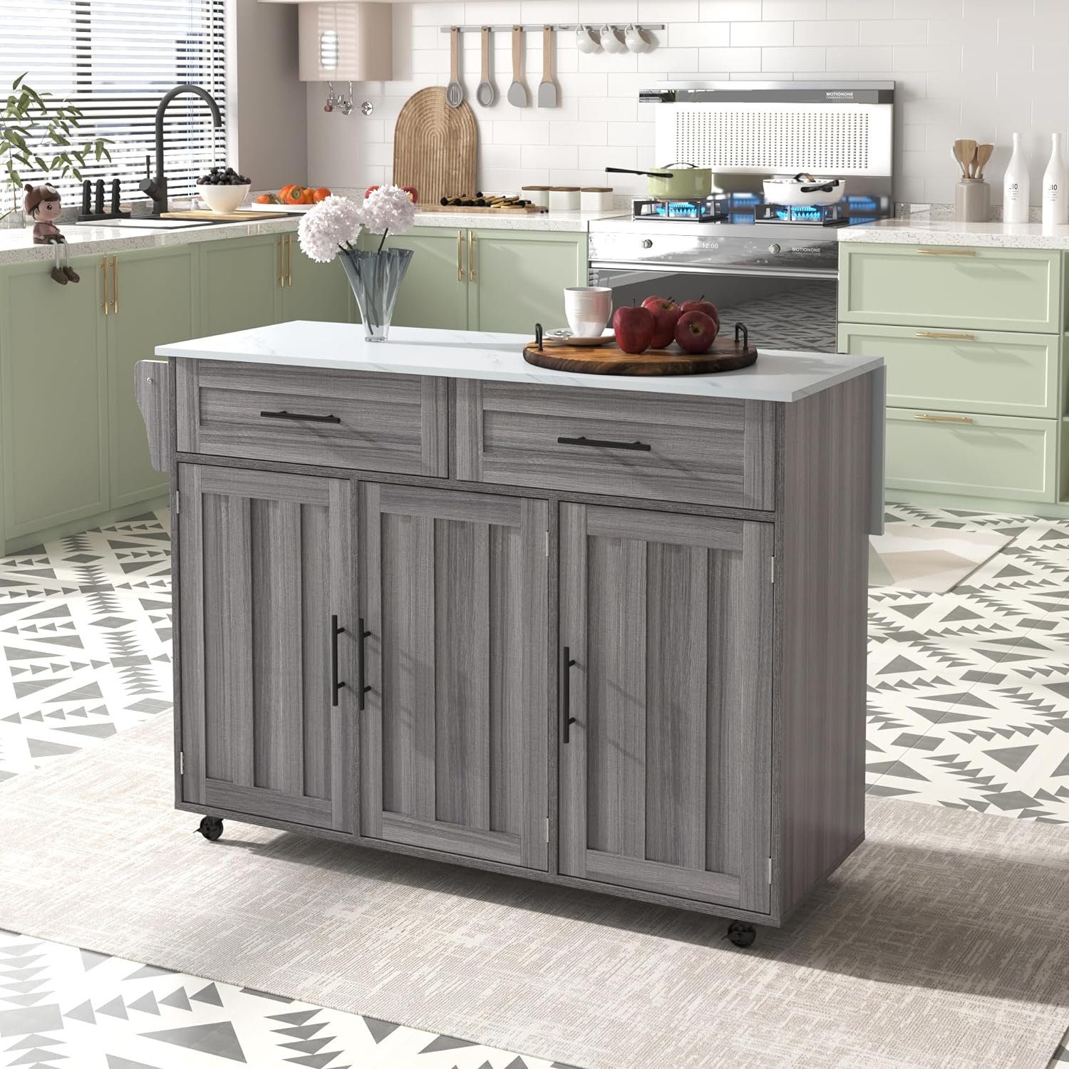 BlingBin Sideboard Speisewagen Faltbare Arbeitsplatte mit Massivholzmaserung + Schrank (1er Set, 1 St., Sideboard), Aufbewahrungstür-Design/Räder/Massivholzfüße umschaltbar
