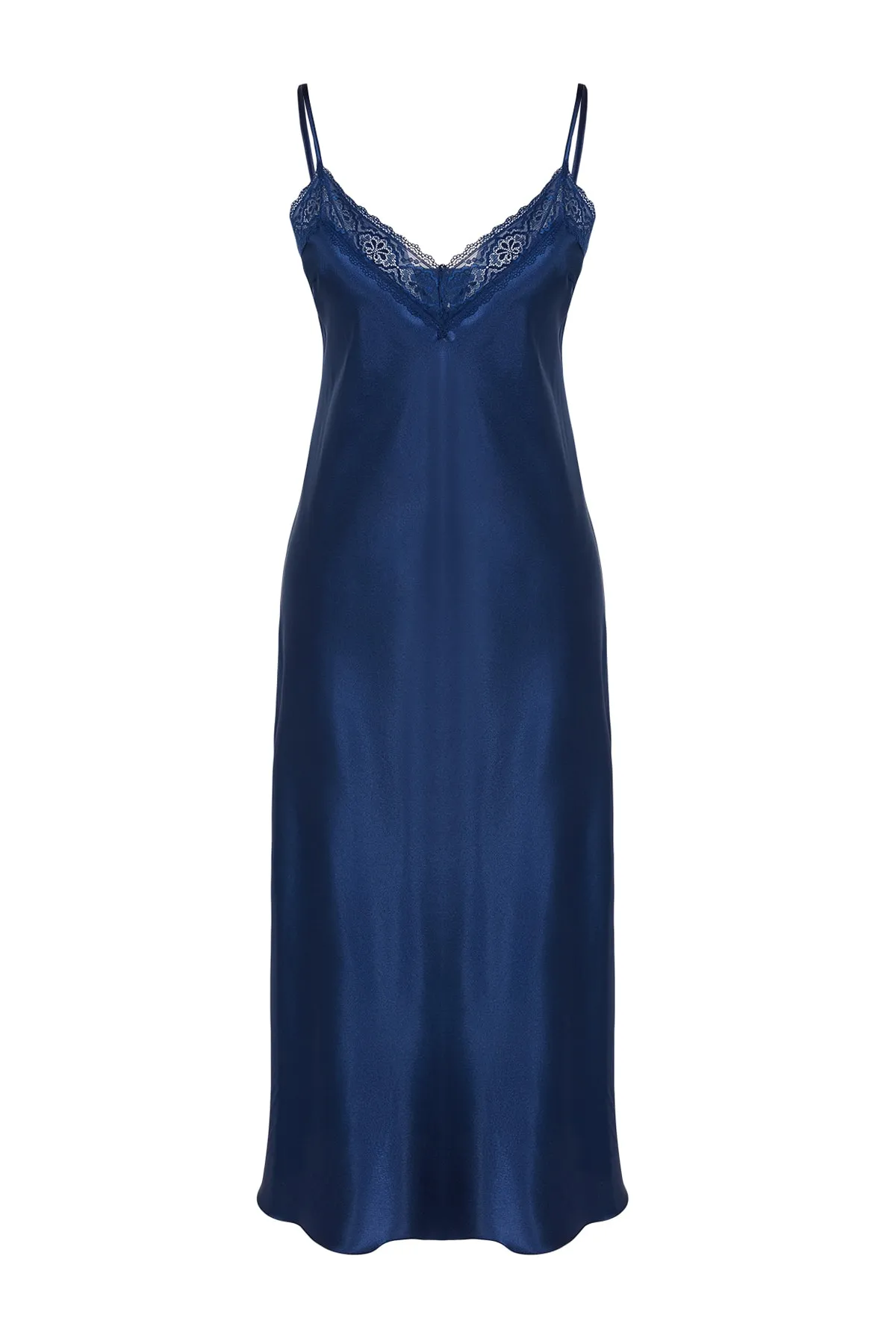 Trendyol Collection  Indigoblaues Nachthemd aus gewebtem Satin mit Spitze und Schlitzdetails und Seilträgern THMSS23GC00021