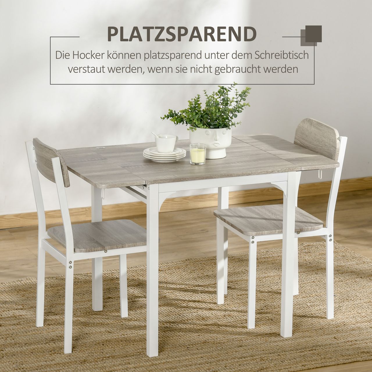 HOMCOM 3 TLG Esszimmergruppe Essgruppe mit 2 Stühlen und 1 Tisch Esstisch Set mit Klappbarer Tischplatte für Küche kleine Raume Stahl MDF Natur Weiß 110 x 70 x 75 cm