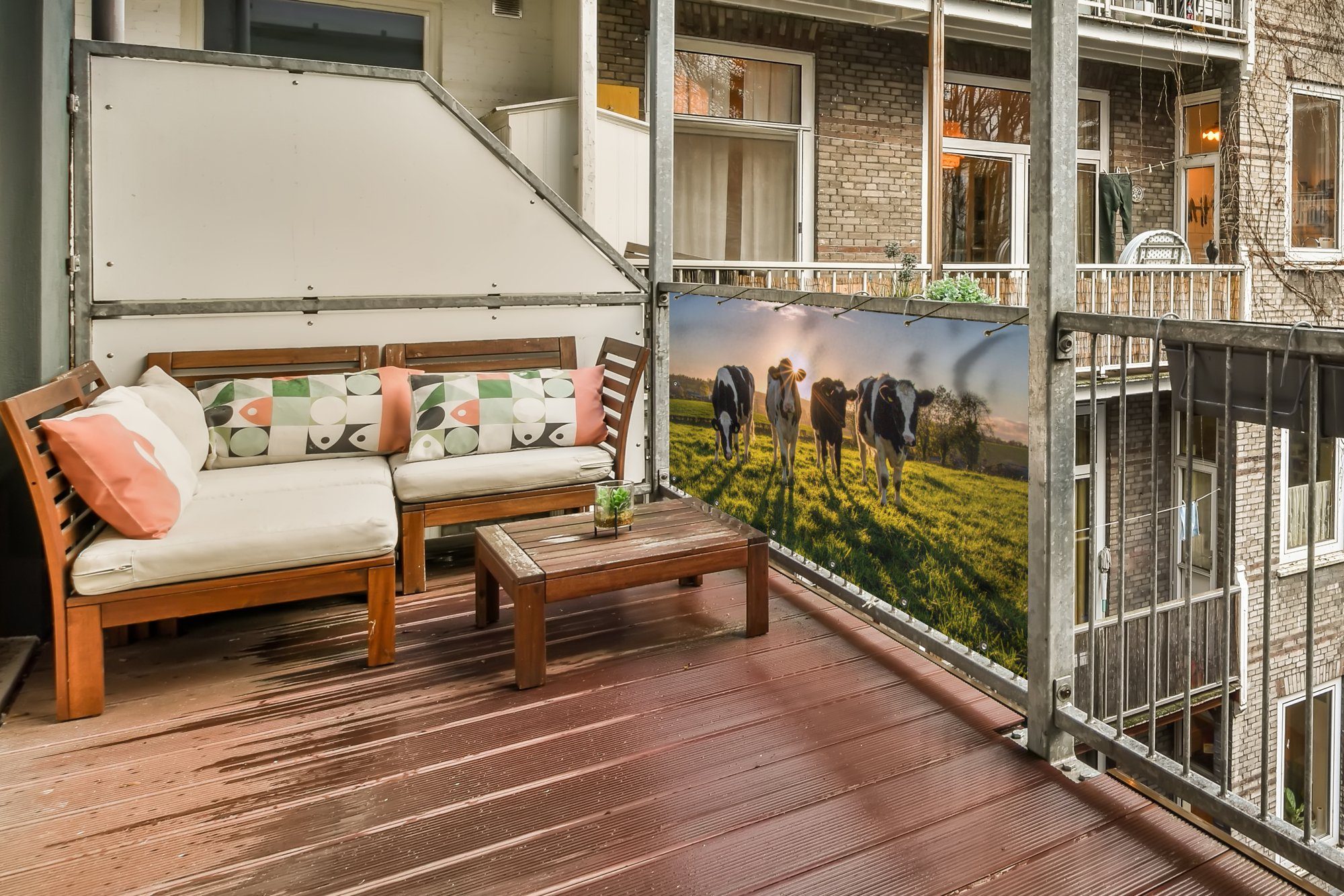 MuchoWow Balkonsichtschutz Kühe - Sonne - Gras - Tiere - Bauernhof (1-St) Balkonbanner, Sichtschutz für den Balkon, Robustes und wetterfest
