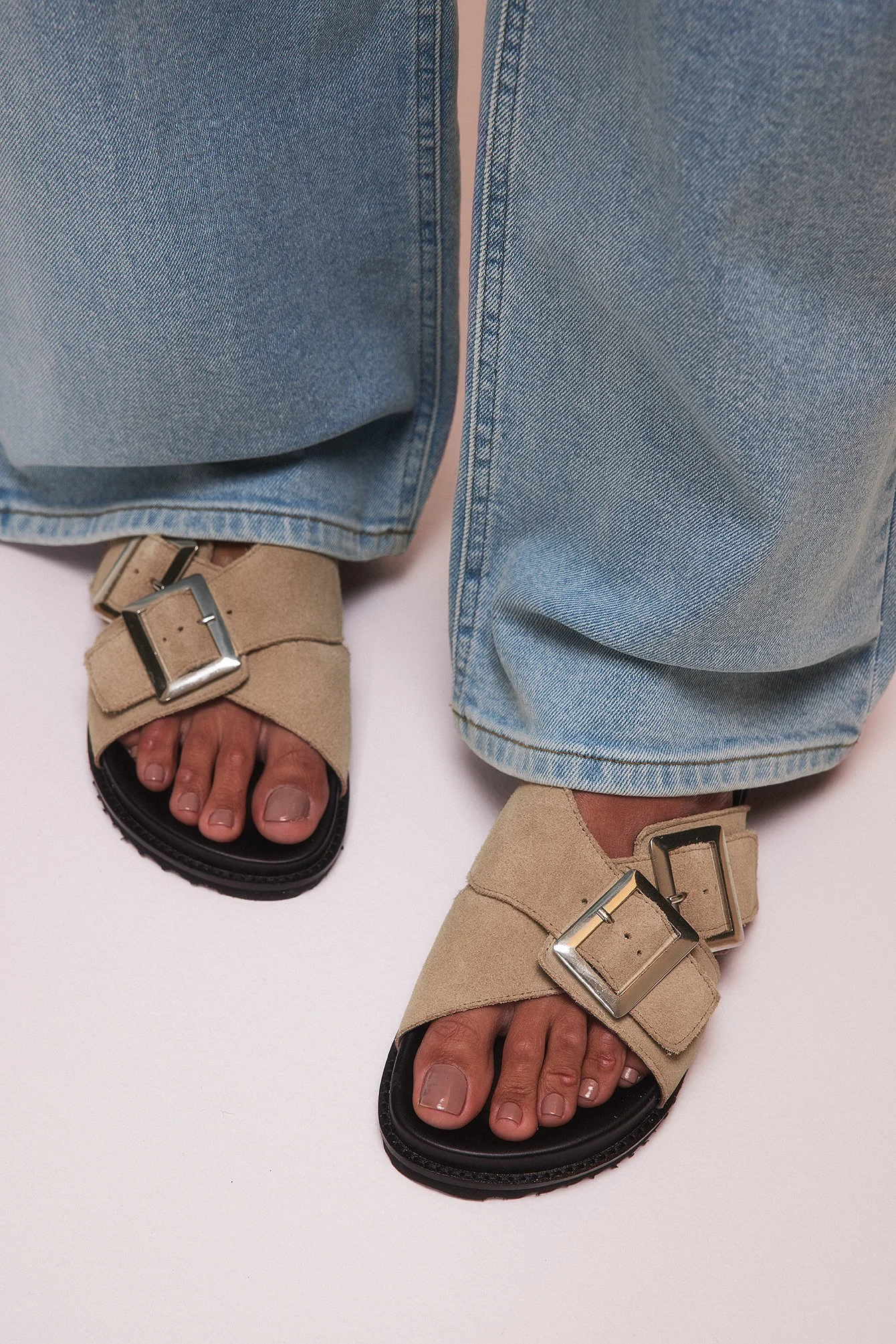 Double Buckle Leather Slippers