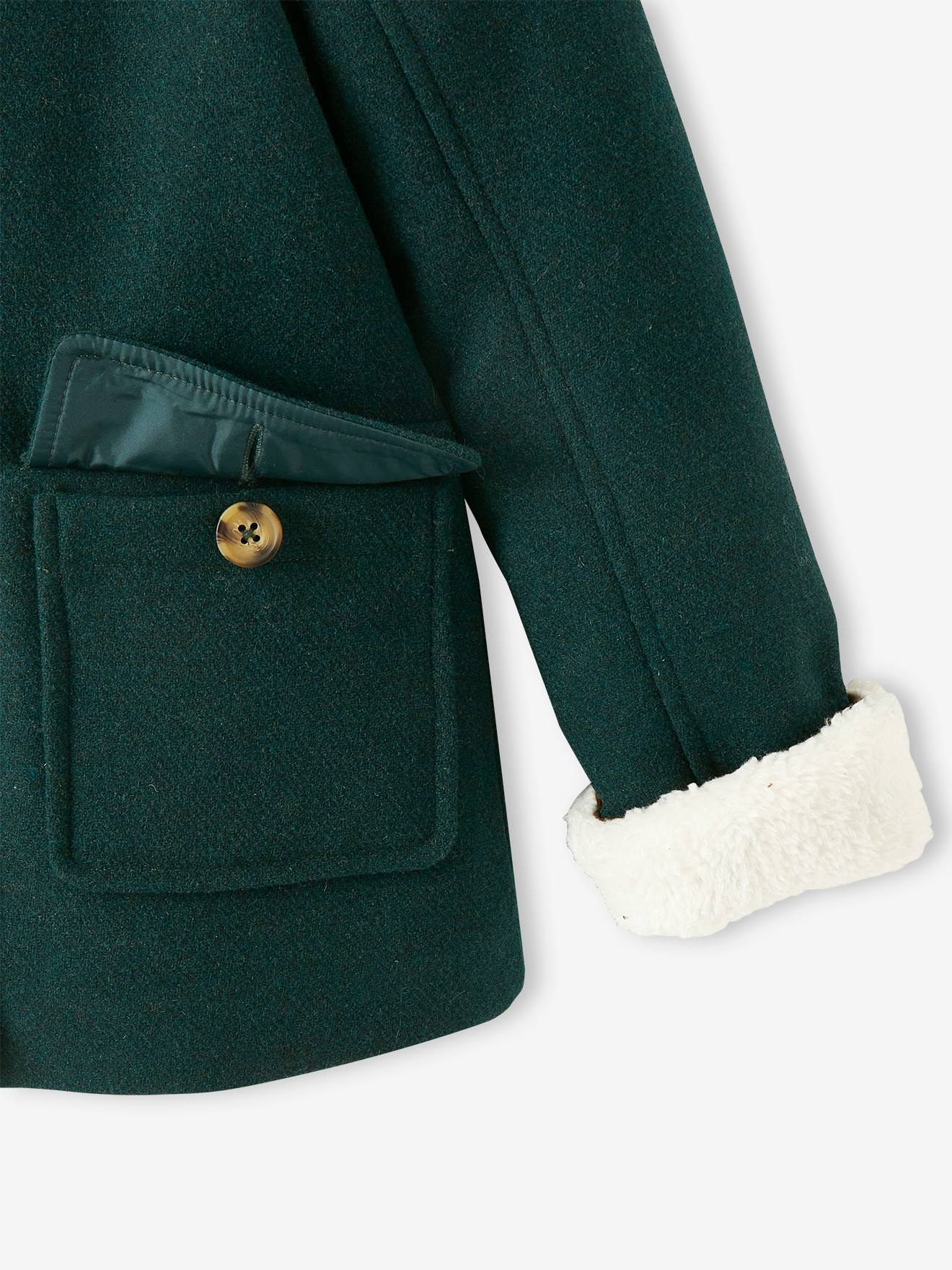 Manteau à capuche en drap de laine fille doublé sherpa chamois