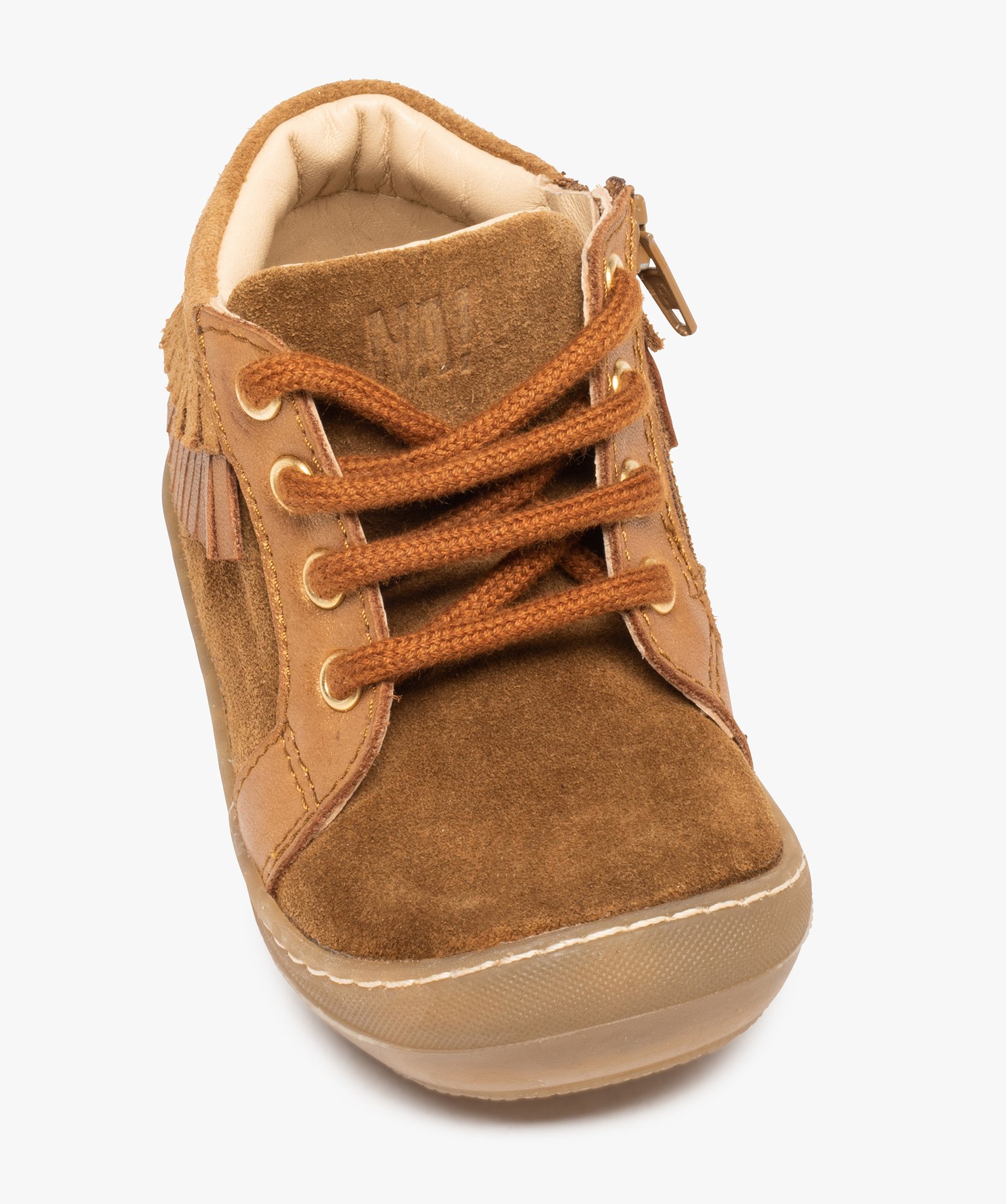 Chaussures premiers pas bébé fille dessus cuir à franges ... camel | GEMO