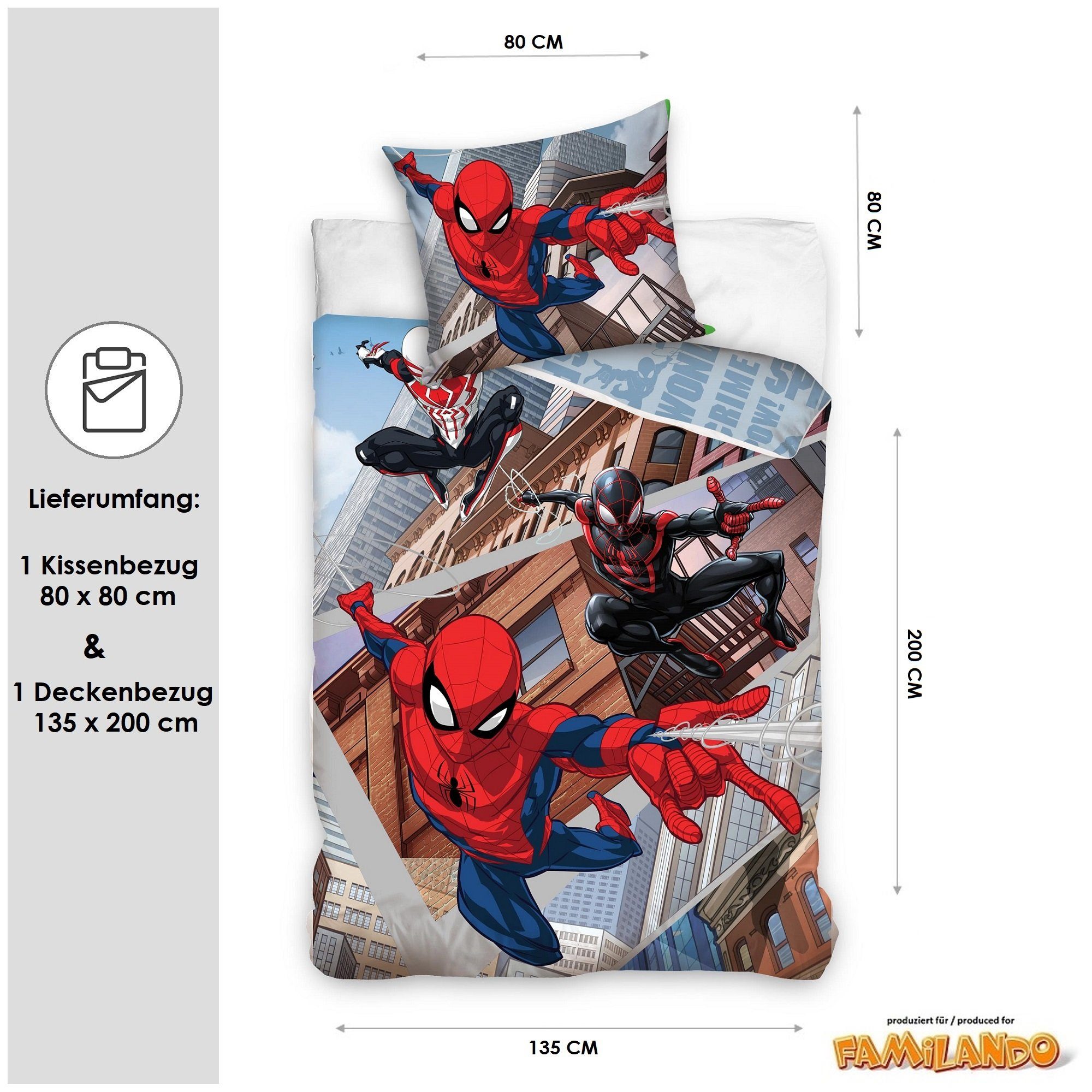 Kinderbettwäsche Spiderman Blau für Jungen 135x200 80x80cm aus 100% Baumwolle, Familando, Biber, 2 teilig, mit Wendemotiv Spiderman in rot, weiß und schwarz