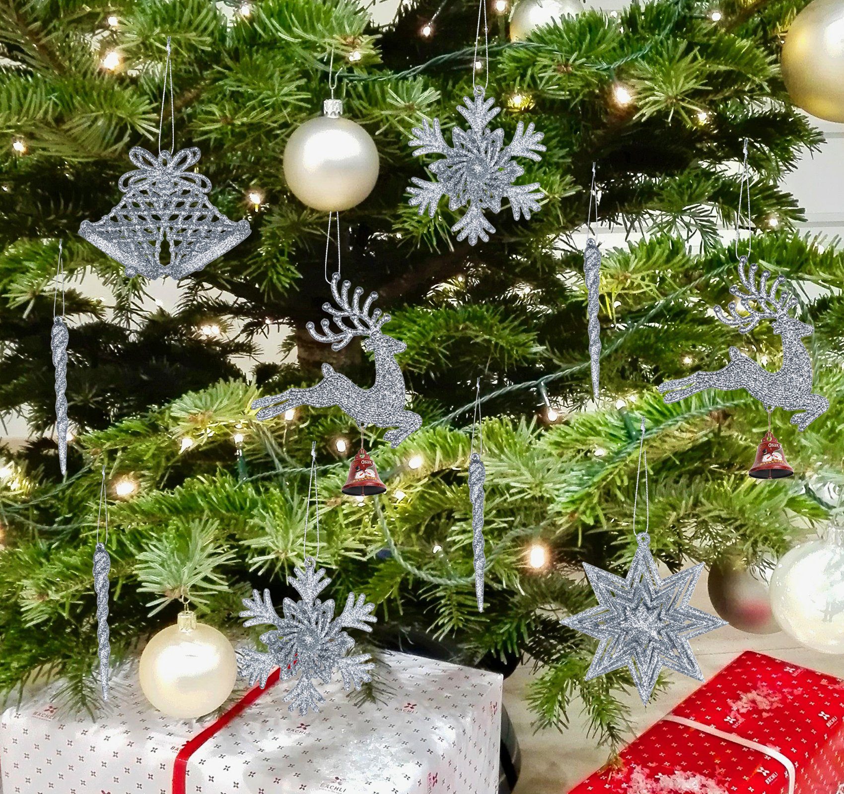 Homewit Christbaumschmuck 3D Glitzer Weihnachtsdekoration für Weihnachtsbaum (24-tlg), Weihnachtsbaumschmuck Weihnachtsbaumanhänger