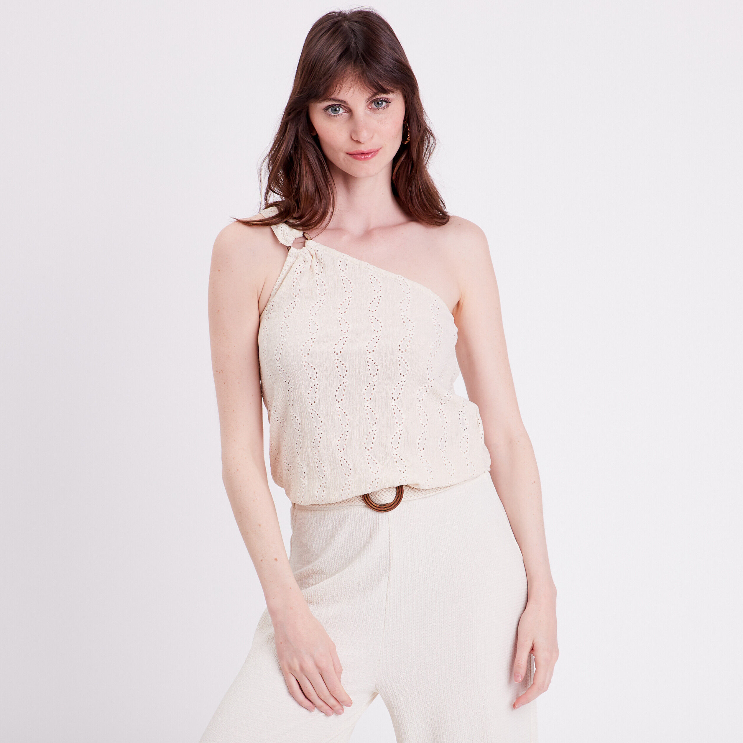 Débardeur asymétrique brodé ecru femme | Cache Cache