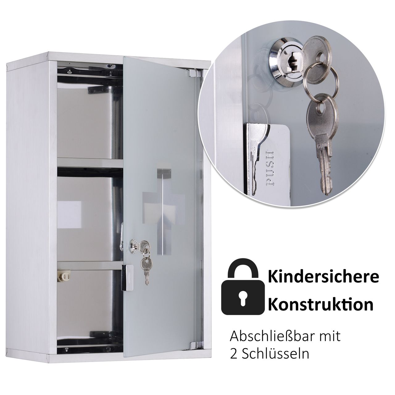 HOMCOM Medizinschrank Arzneischrank Erste Hilfe Schrank mit Schloss Edelstahl 30 x 18 x 50 cm