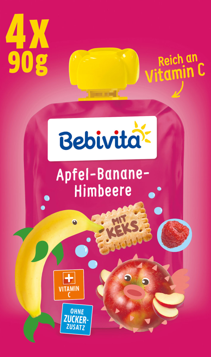Quetschie Apfel-Banane-Himbeere mit Keks, ab 1 Jahr (4x90 g), 360 g