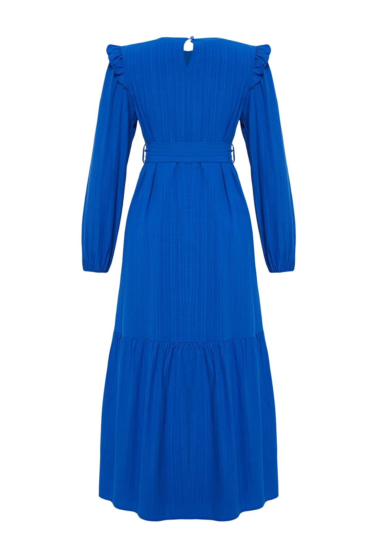 Trendyol Modest  Blauer Rüschenrock mit Gürtel und Volants, gefüttertem Viskose-Mischgewebe-Kleid TCTSS23EB00290