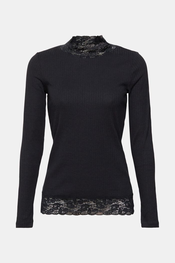 Geripptes Longsleeve mit Spitzenkragen