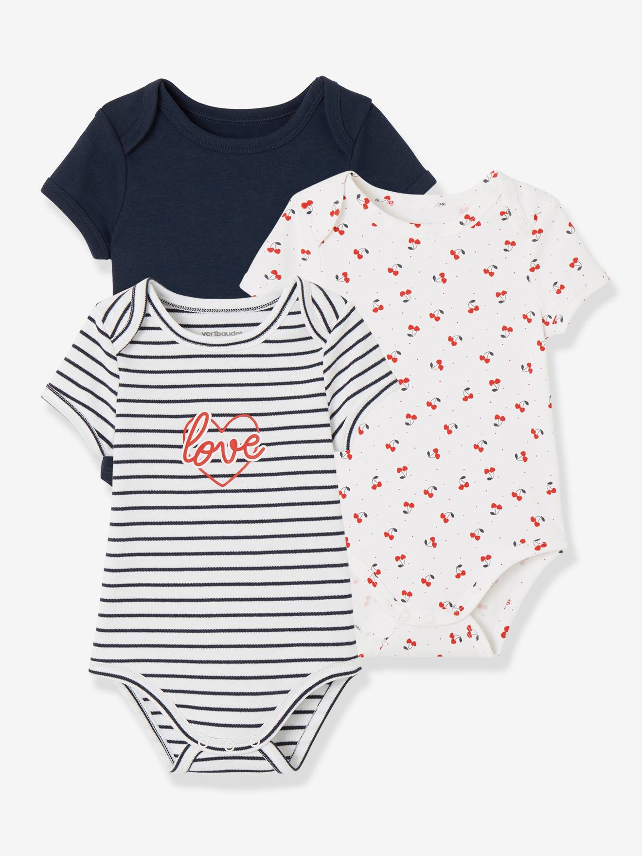 Vertbaudet 3er-Pack Baby Kurzarm-Bodys KIRSCHEN Oeko Tex - nachtblau+weiß bedruckt+gestre