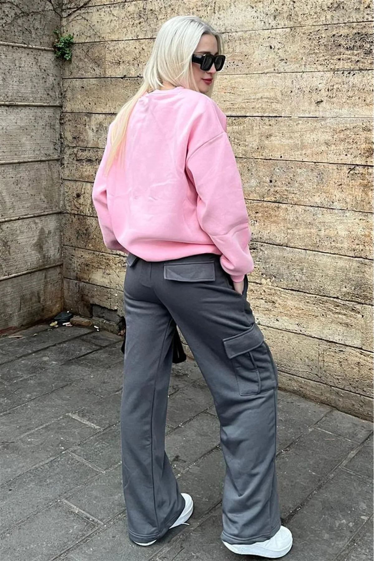 Madmext  Geräucherte Damen-Jogginghose mit weitem Bein und Cargotasche Mg1615