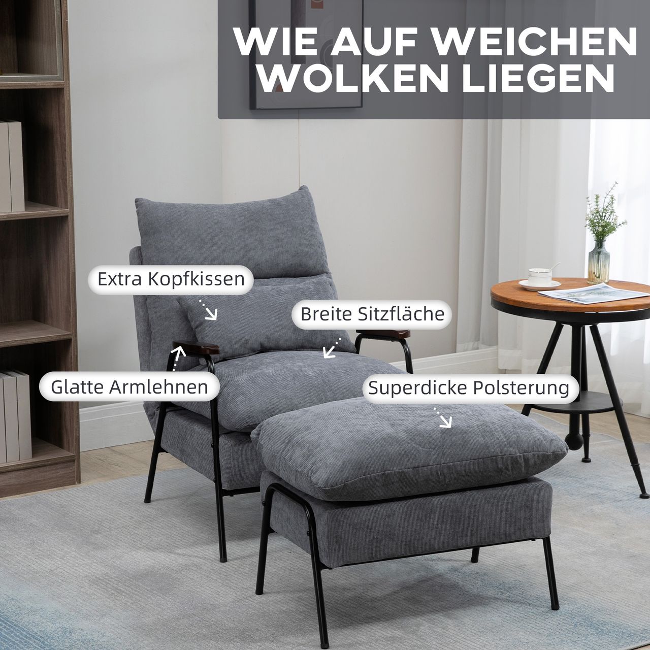 HOMCOM Relaxsessel mit Hocker,  Verstellbar Fernsehsessel mit Liegefunktion Grau