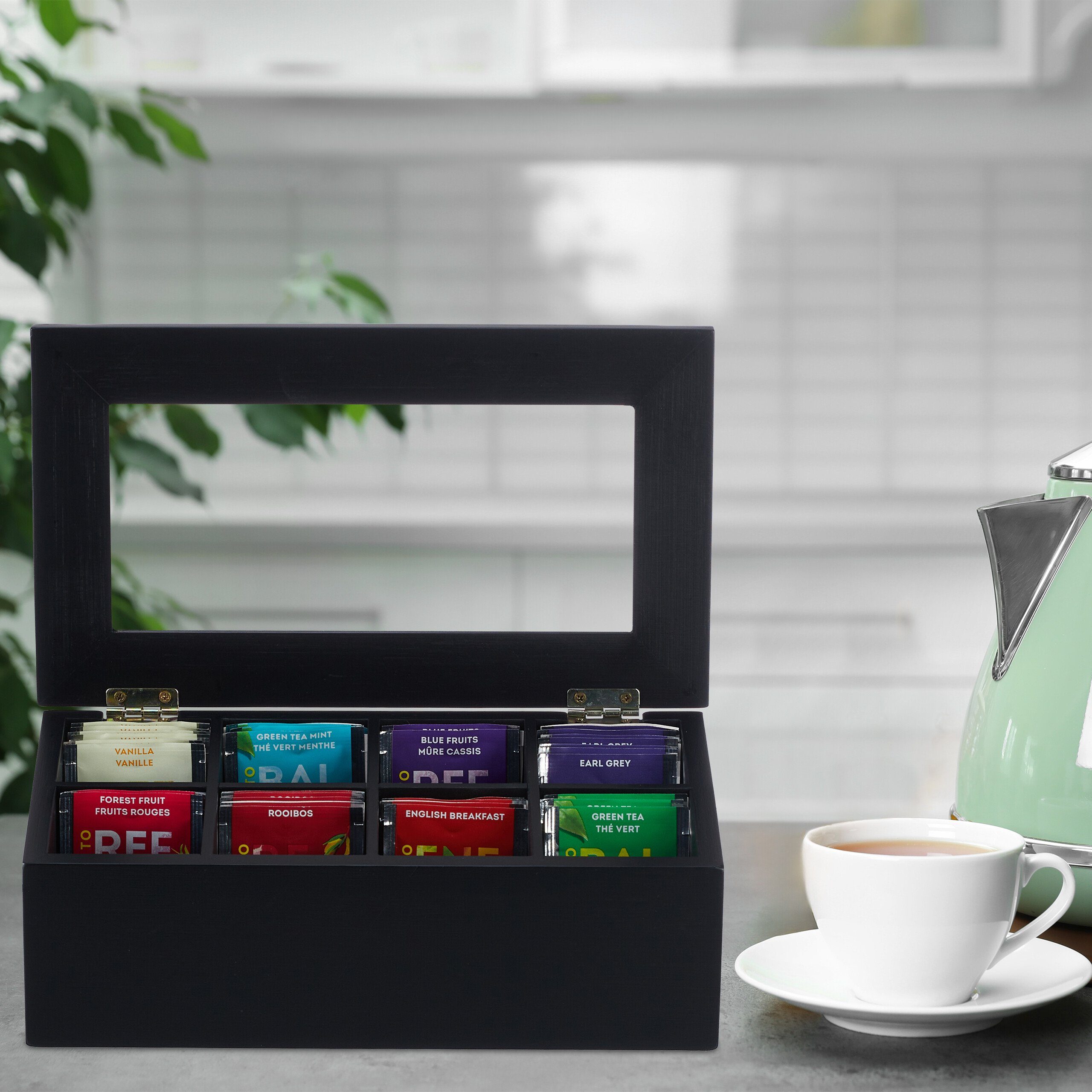relaxdays Teebox Schwarze Teebox mit 8 Fächern, Bambus