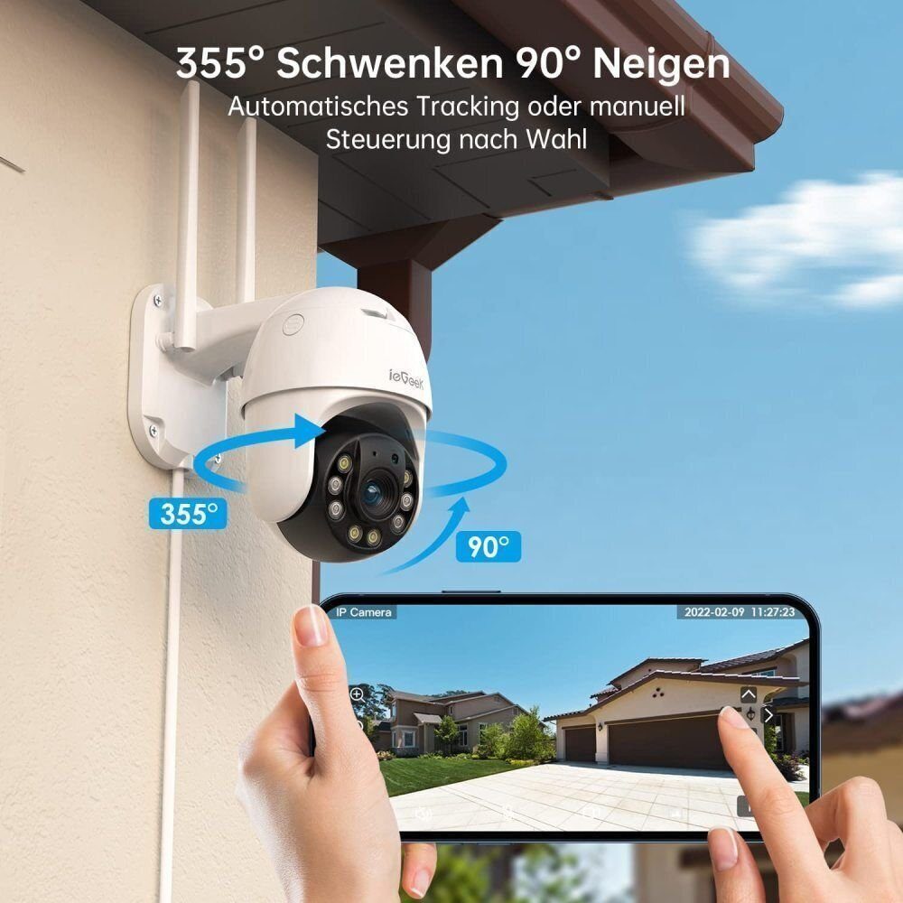 ieGeek Überwachungskamera 1080P FHD Aussen WLAN IP, Auto-Tracking Kamera Überwachungskamera (AuBenbereich, Outdoor, 3-Meter-Stromkabel, Multi-User und Geräte,Datenschutz Beschützen,Kompatibel mit Android/IOS,4x Zoom, Automatische Verfolgung,Farbnacht