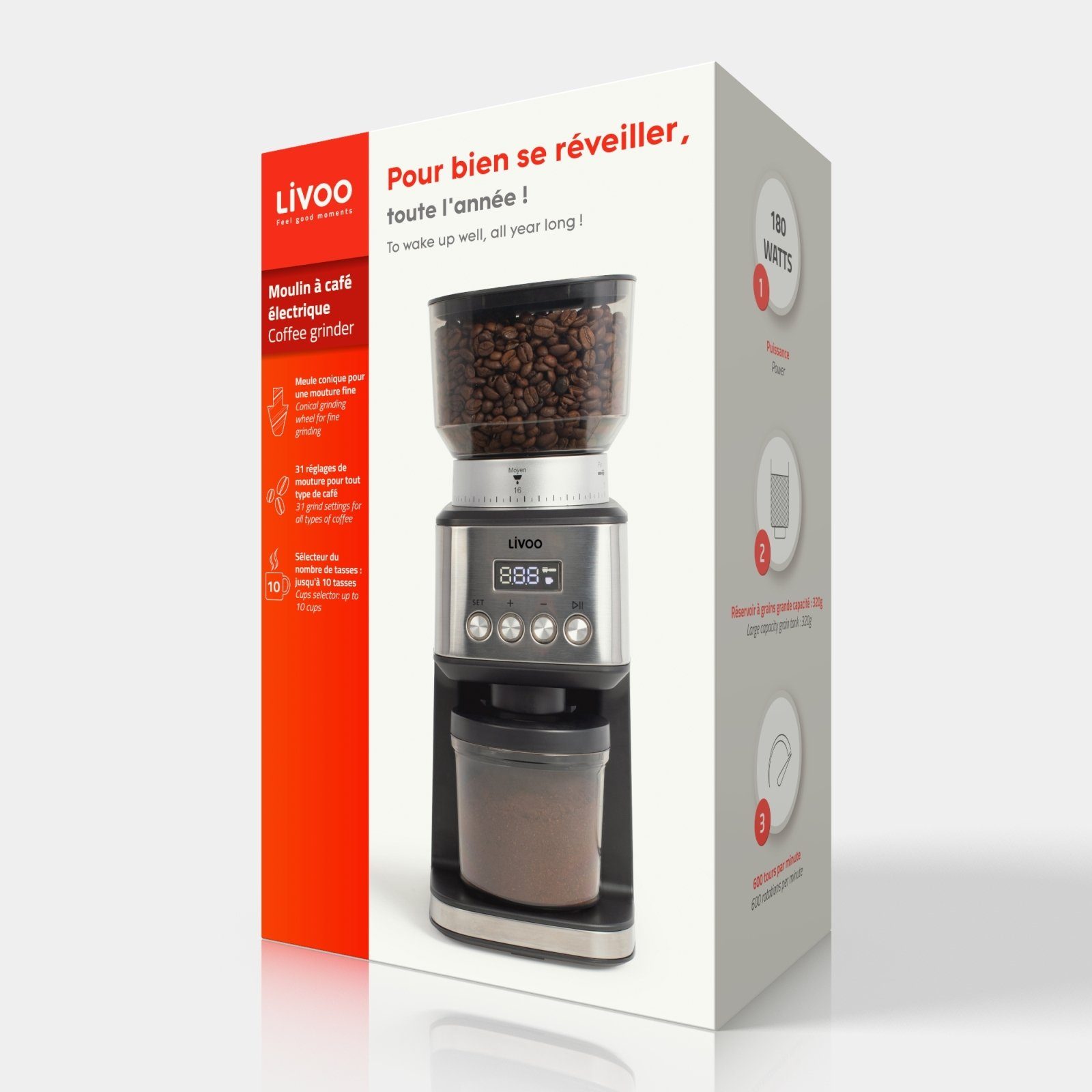 LIVOO Kaffeemühle LIVOO Kaffeemühle elektrisch mit Mahlwerk Kapazität 10 Tassen 180
