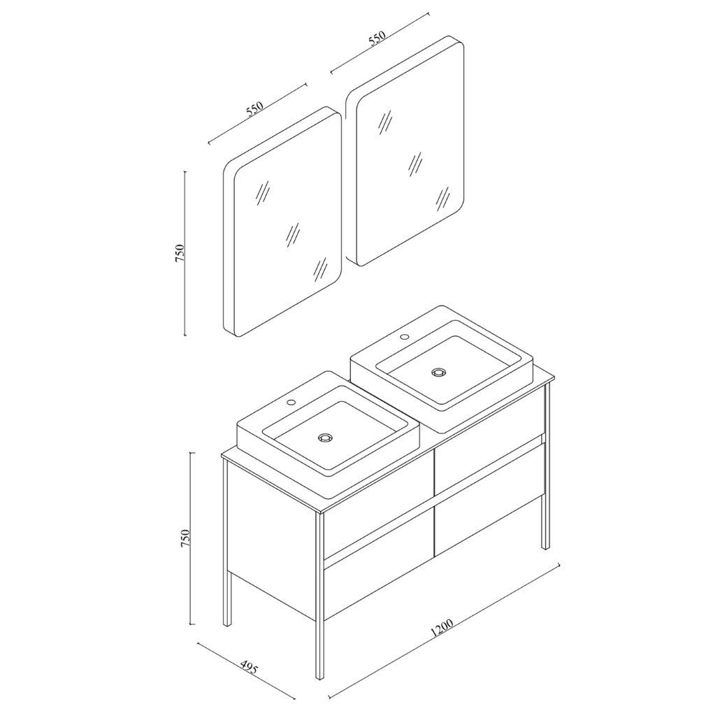 Karen Badmöbel-Set Yesim, (Komplett-Set, 6-Teilig (Unterschrank, Konsole, zwei Spiegel, zwei Waschbecken), Unterschrank mit vier Schubladen, zwei Waschbecken und zwei Spiegel), Doppelwaschtisch, Modernes Design, Acryl-Beschichtung, Softclose
