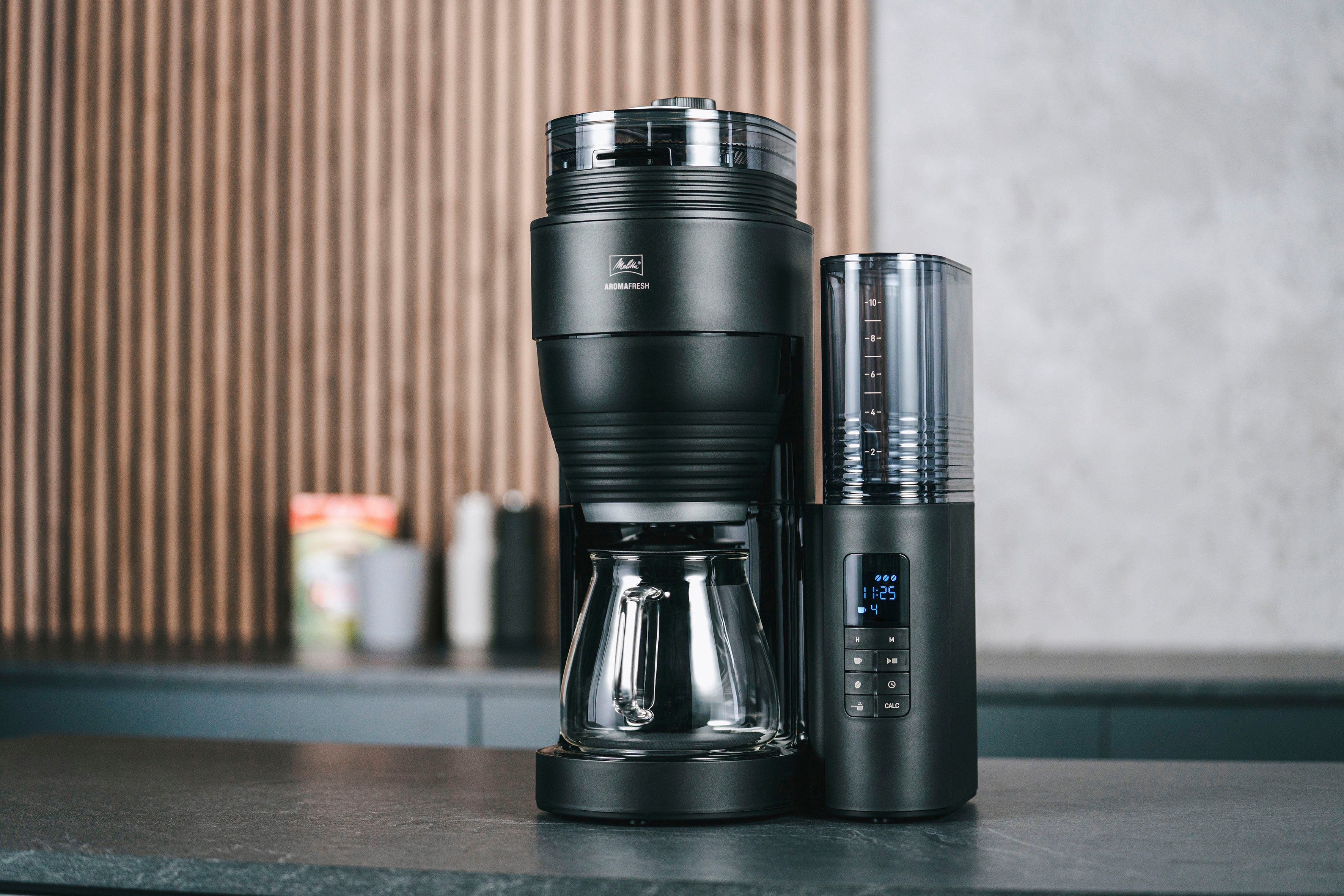 Melitta Kaffeemaschine mit Mahlwerk AromaFresh X 1030-06, 1,25l Kaffeekanne, Papierfilter 1x4, 11 Mahlgradeinstellungen,Kaffeebohnen/-pulver, Timer,Warmhalteplatte
