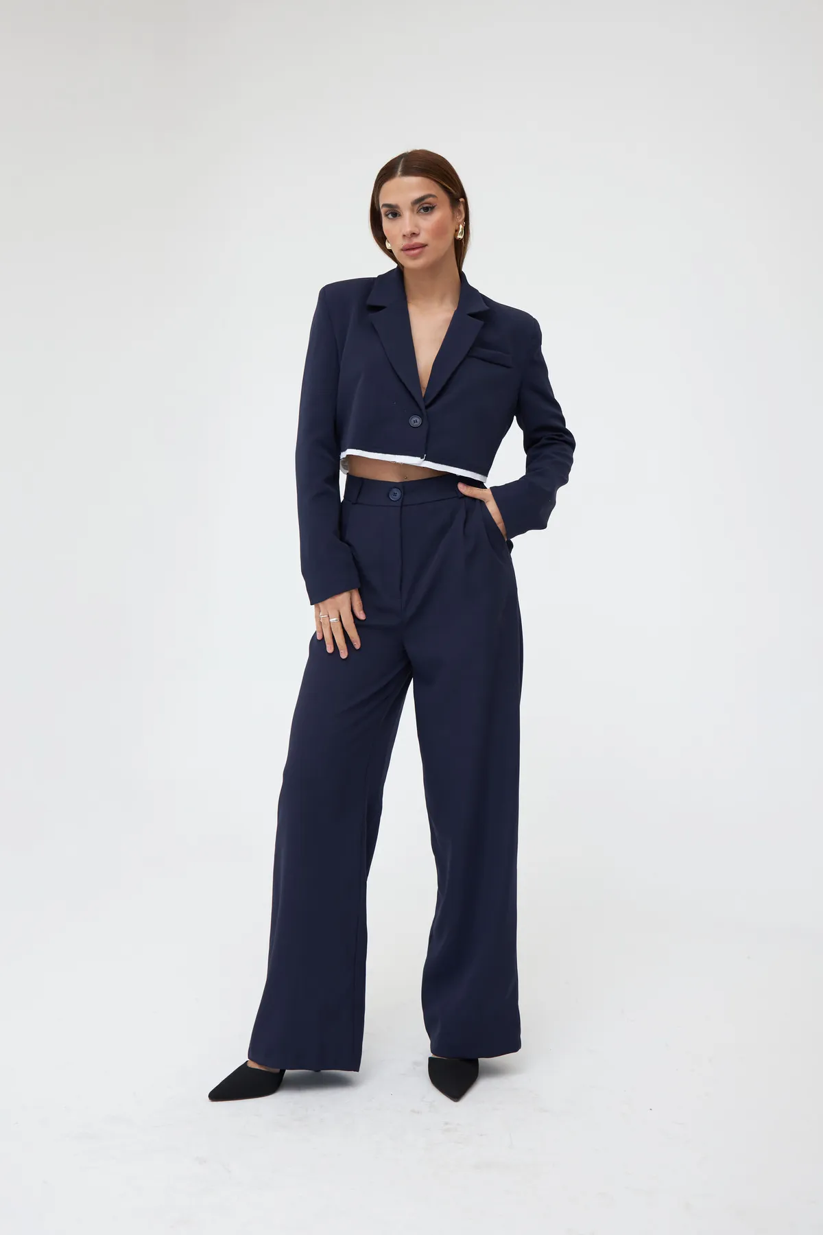 Laluvia  Marineblaues Palazzo-Set mit kurzem Jackett