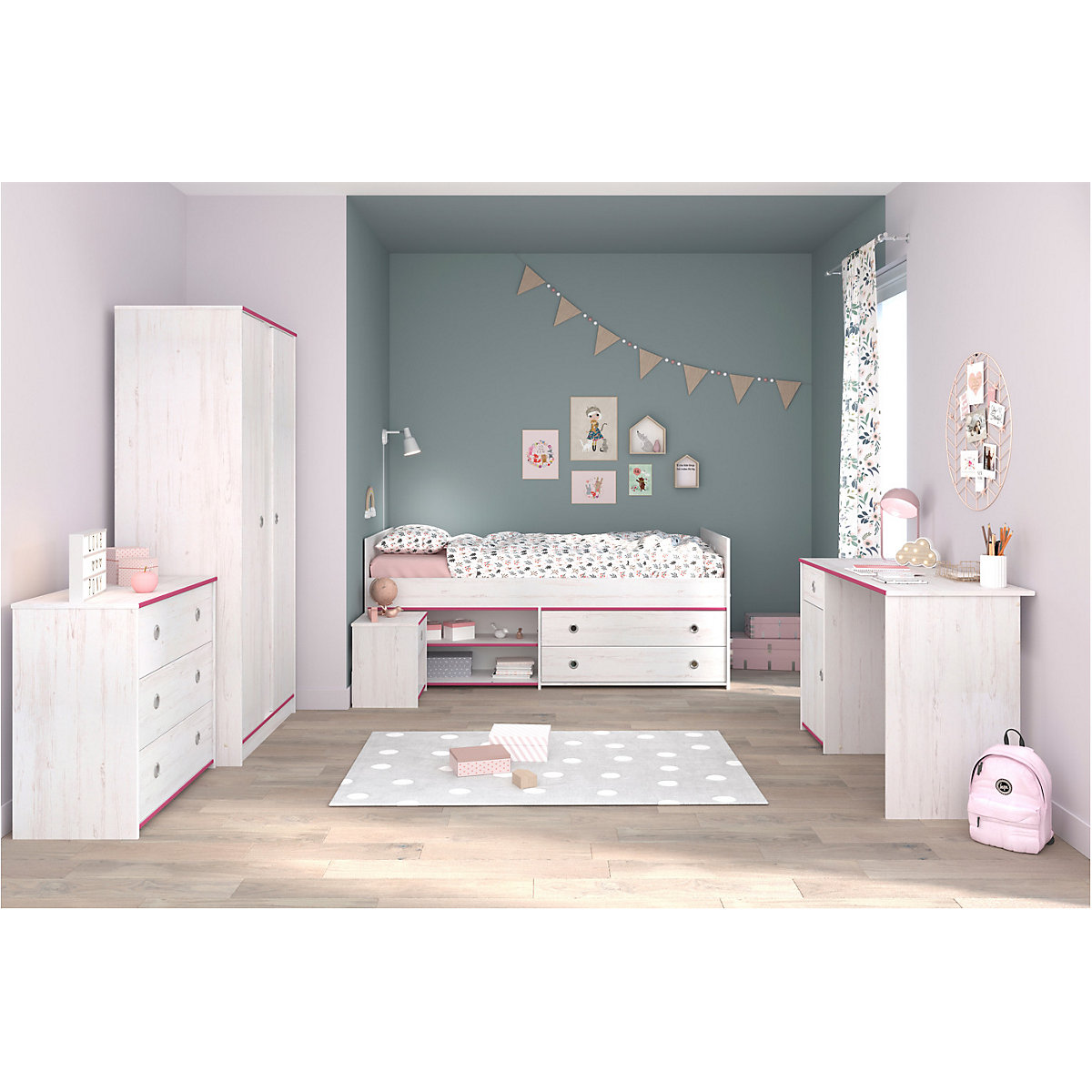 Kinderzimmer Smoozy 36 mit Bett, Kommoden, Schreibtisch und Kleiderschrank