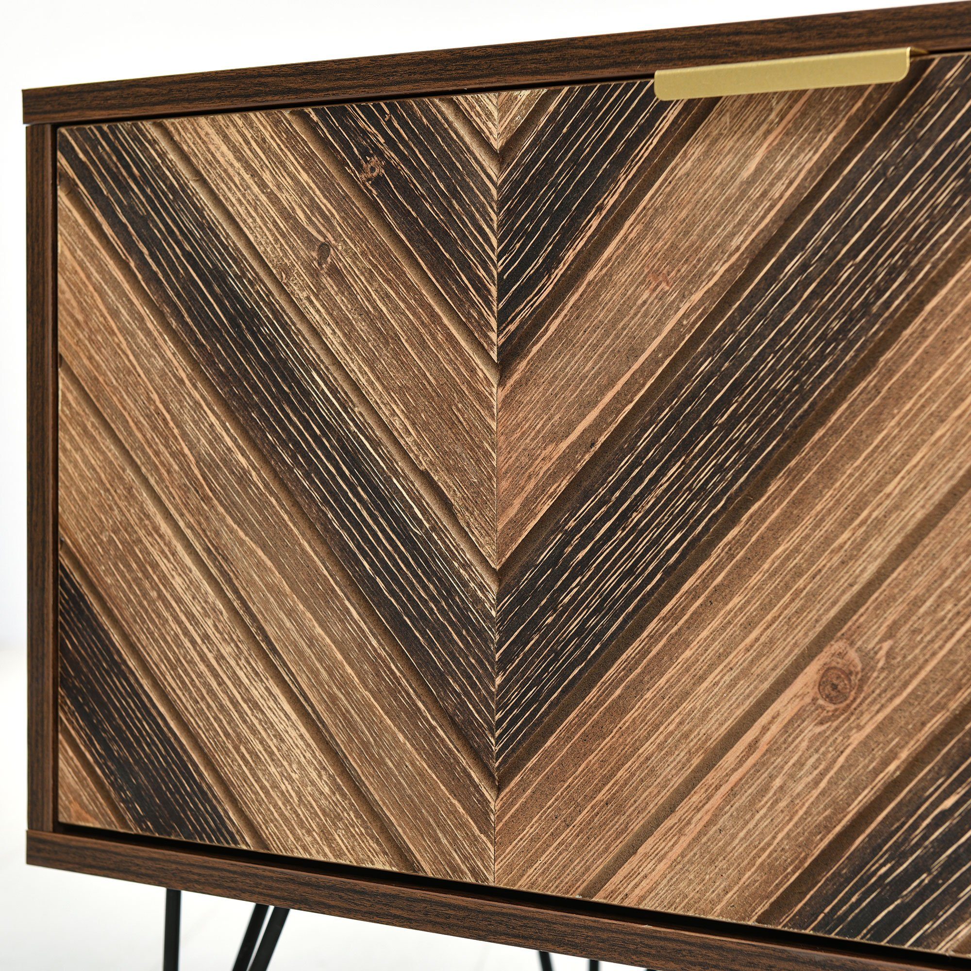 Merax Lowboard mit Fischgrätenmuster Dekor und Eisenfüße, TV-Schrank mit magnetischen Türen, Fernsehtisch, B/H/T: 160/48/38cm