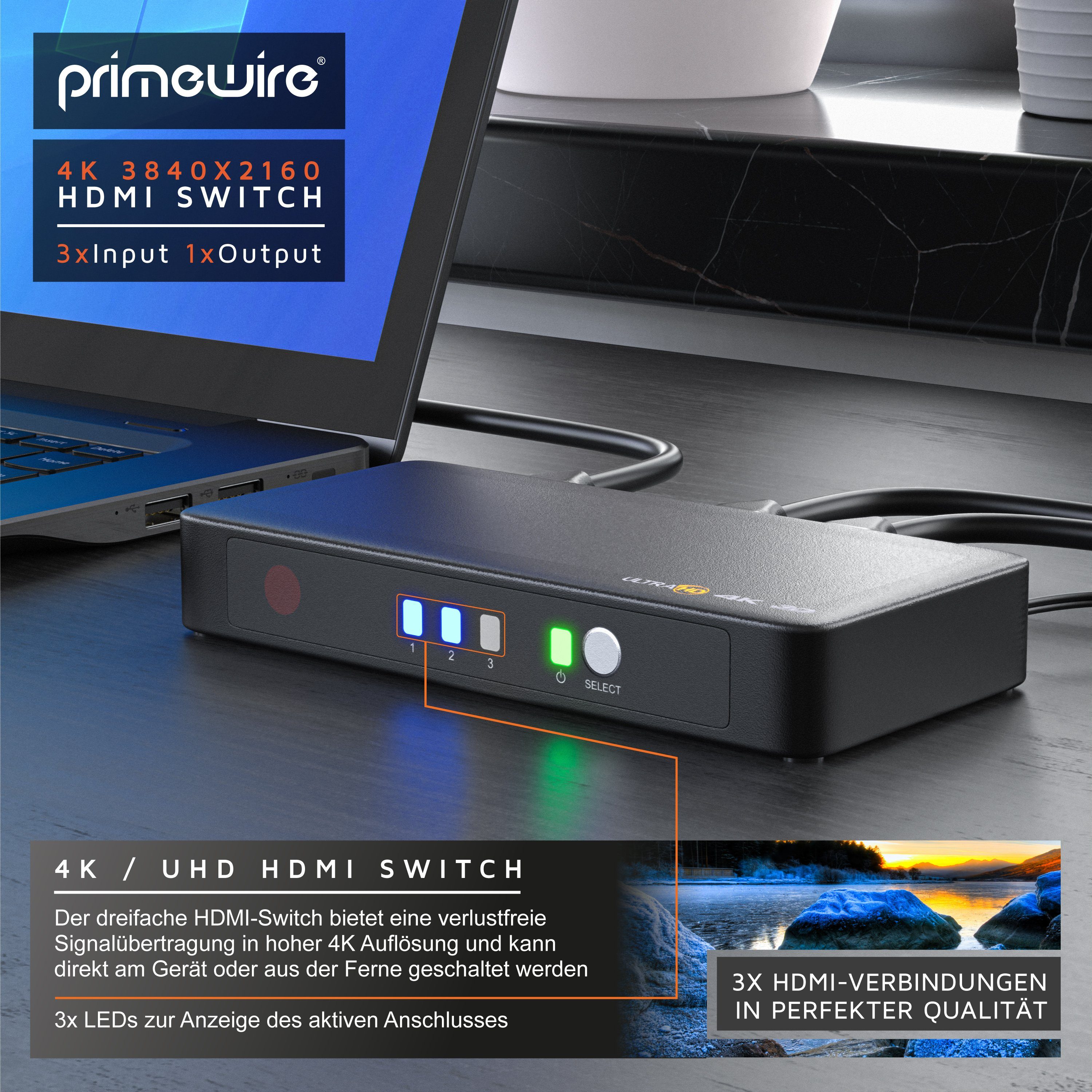 Primewire Audio / Video Matrix-Switch, 3-Port 4k HDMI Switch mit Fernbedienung / 3D + CEC / 2160p 30Hz