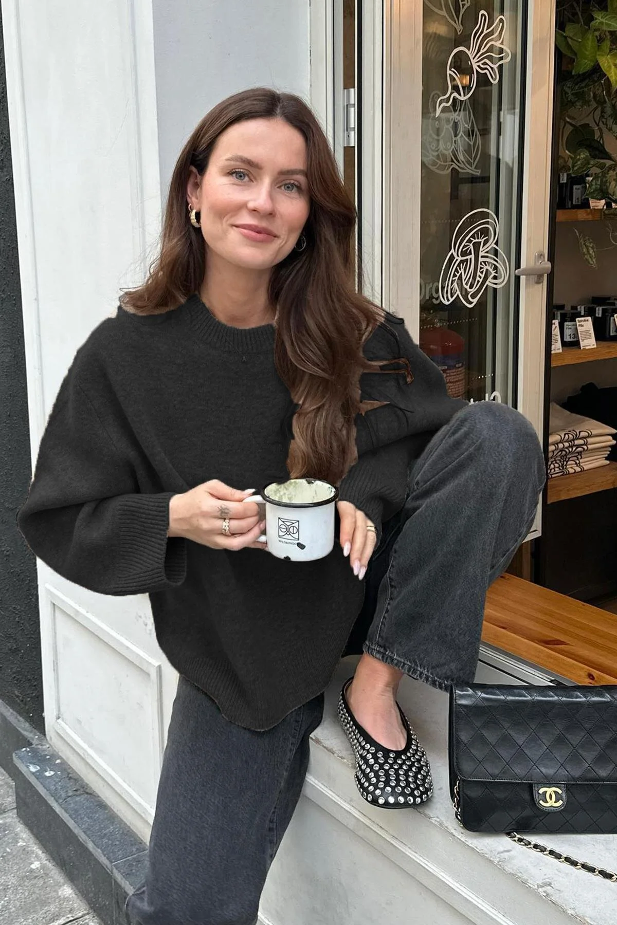 Madmext  Schwarzer Oversize-Strickpullover mit Rundhalsausschnitt MG1972