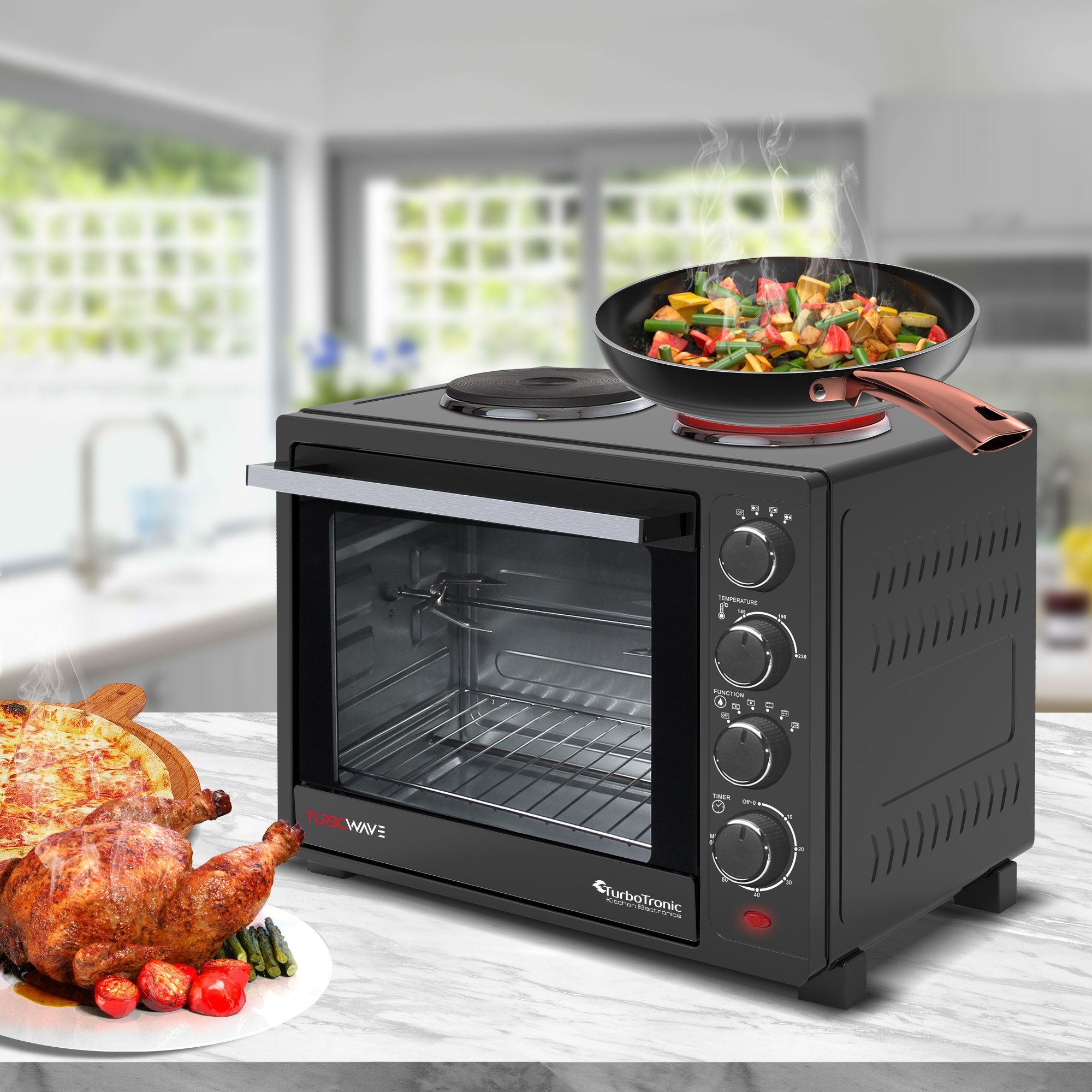 TurboTronic by Z-Line Minibackofen mit Umluft und Drehspieß + 2 Kochplatten 35 Liter, 3200W Pizzaofen, Mini Tisch Backofen Camping Pizzaofen Klein/Groß