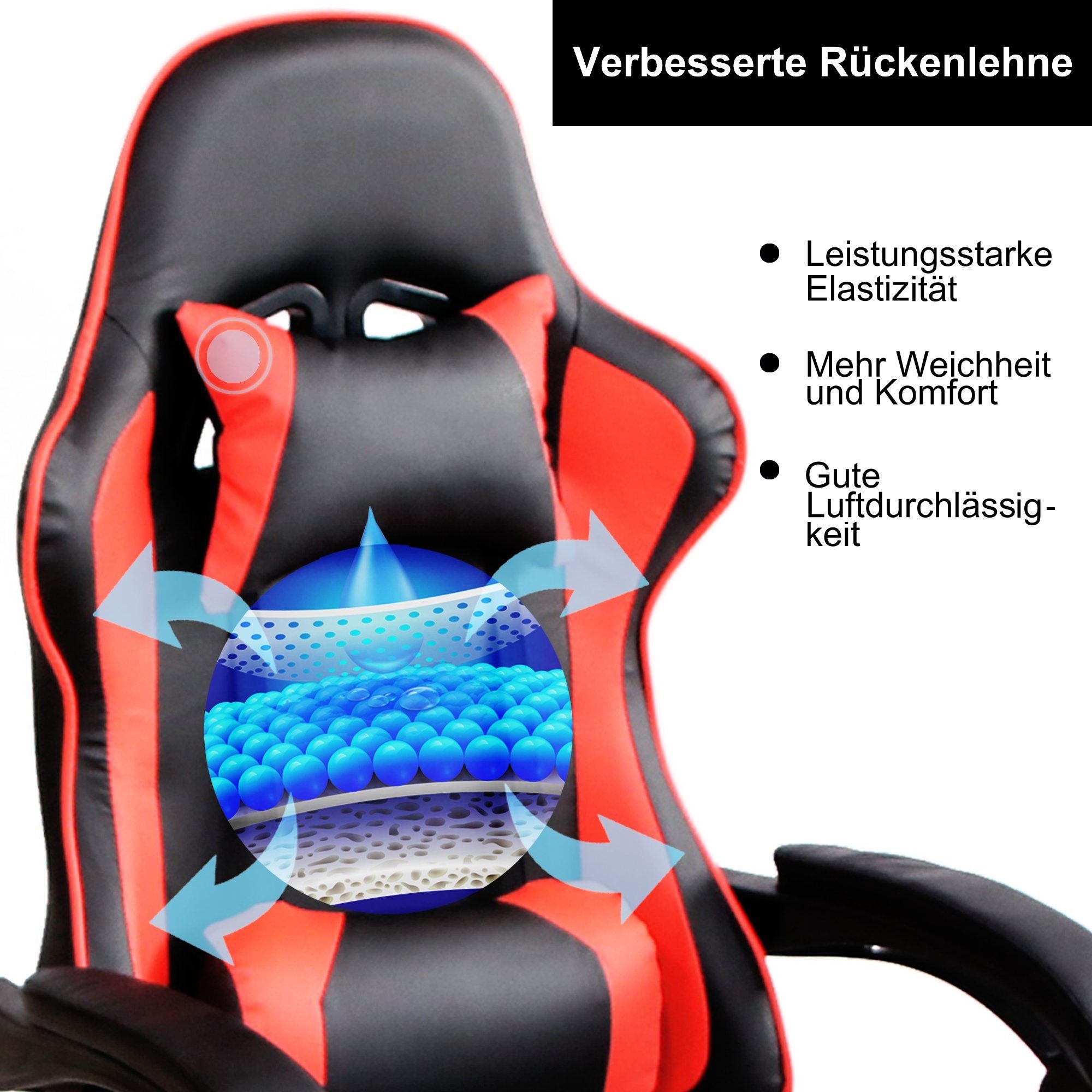 Melko Gaming-Stuhl Schreibtischstuhl Gamingstuhl Bürostuhl Chefsessel Drehstuhl in Schwarz Rot Sportsitz Höhenverstellbar inkl. Fußablage für Gaming Büroarbeit Office (Stück)