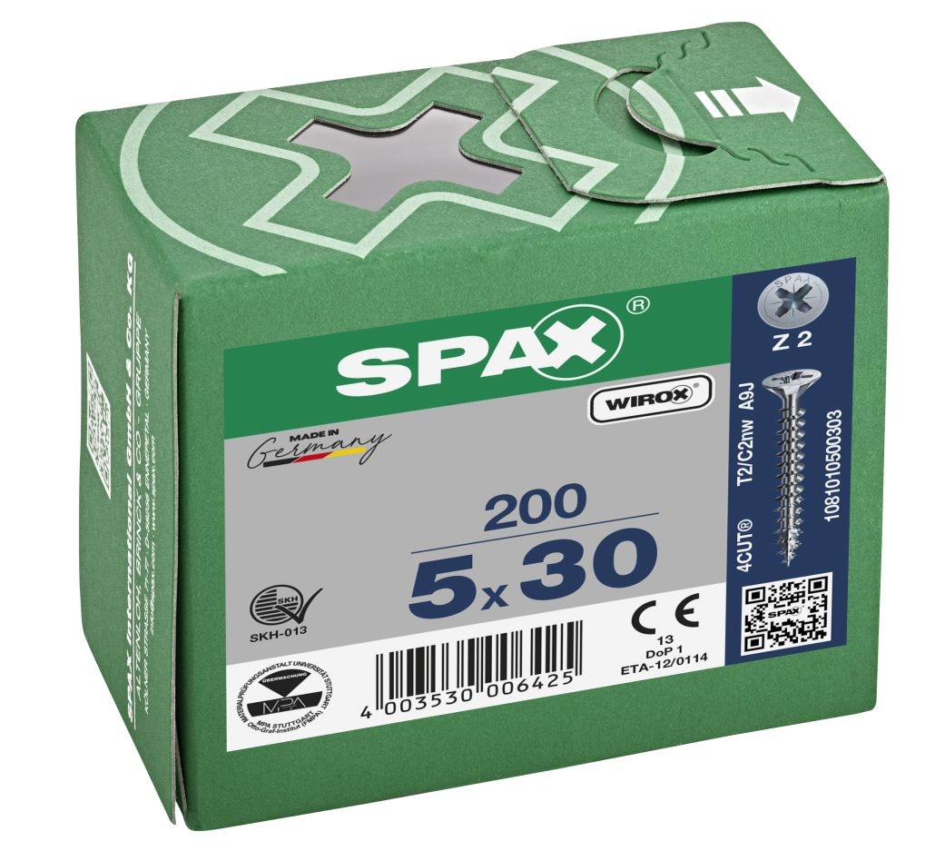 SPAX 1081010500303 Vite universale 5 x 30 mm, filettatura completa, testa svasata, testa Phillips Z2 - 200 pezzi